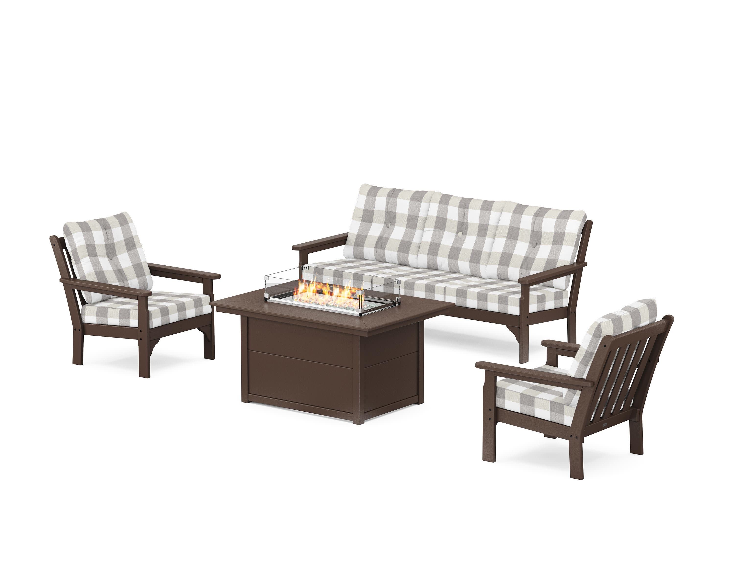 Vineyard Deep Seating Fire Pit Table Set in Mahogany / Buffalo Plaid Grey Mist