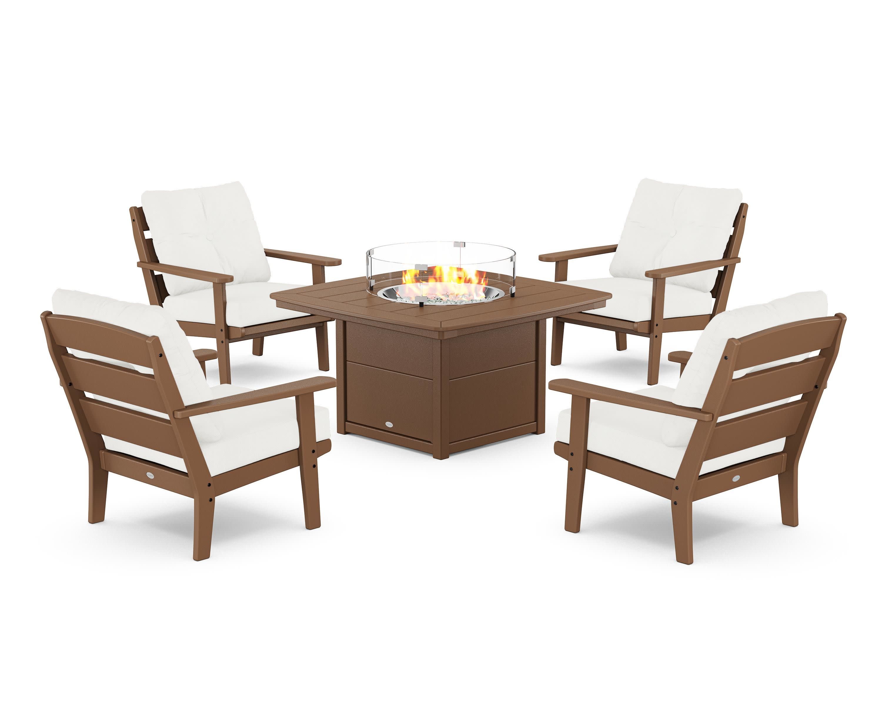 Lakeside 5-Piece Deep Seating Set with Nautical Fire Pit Table in Teak / Natural Linen