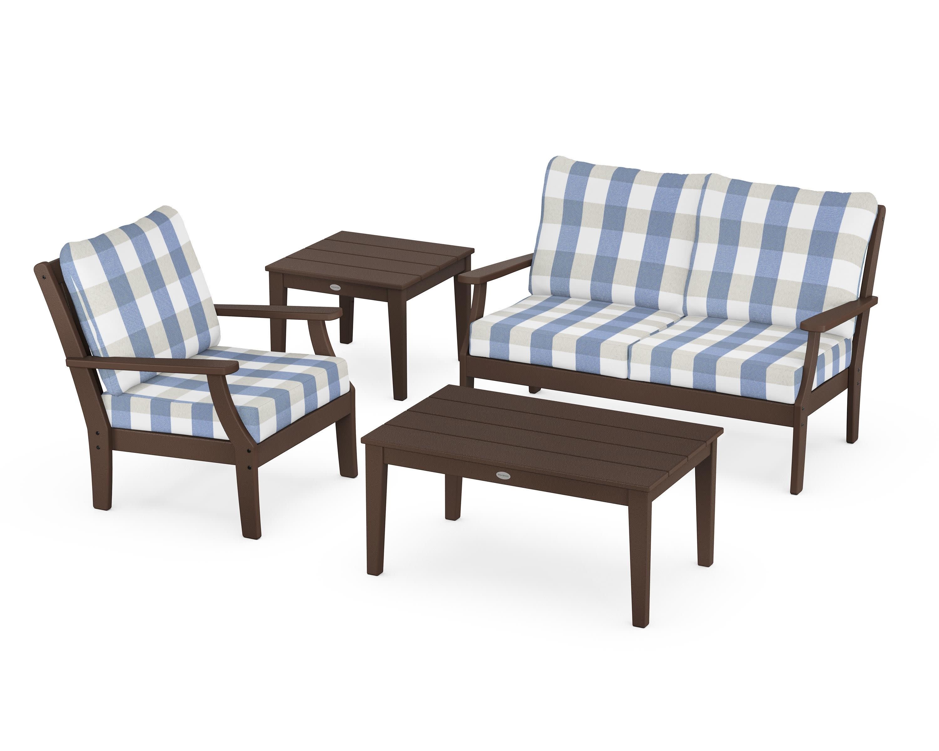 Braxton 4-Piece Deep Seating Set in Mahogany / Buffalo Plaid Sky Blue