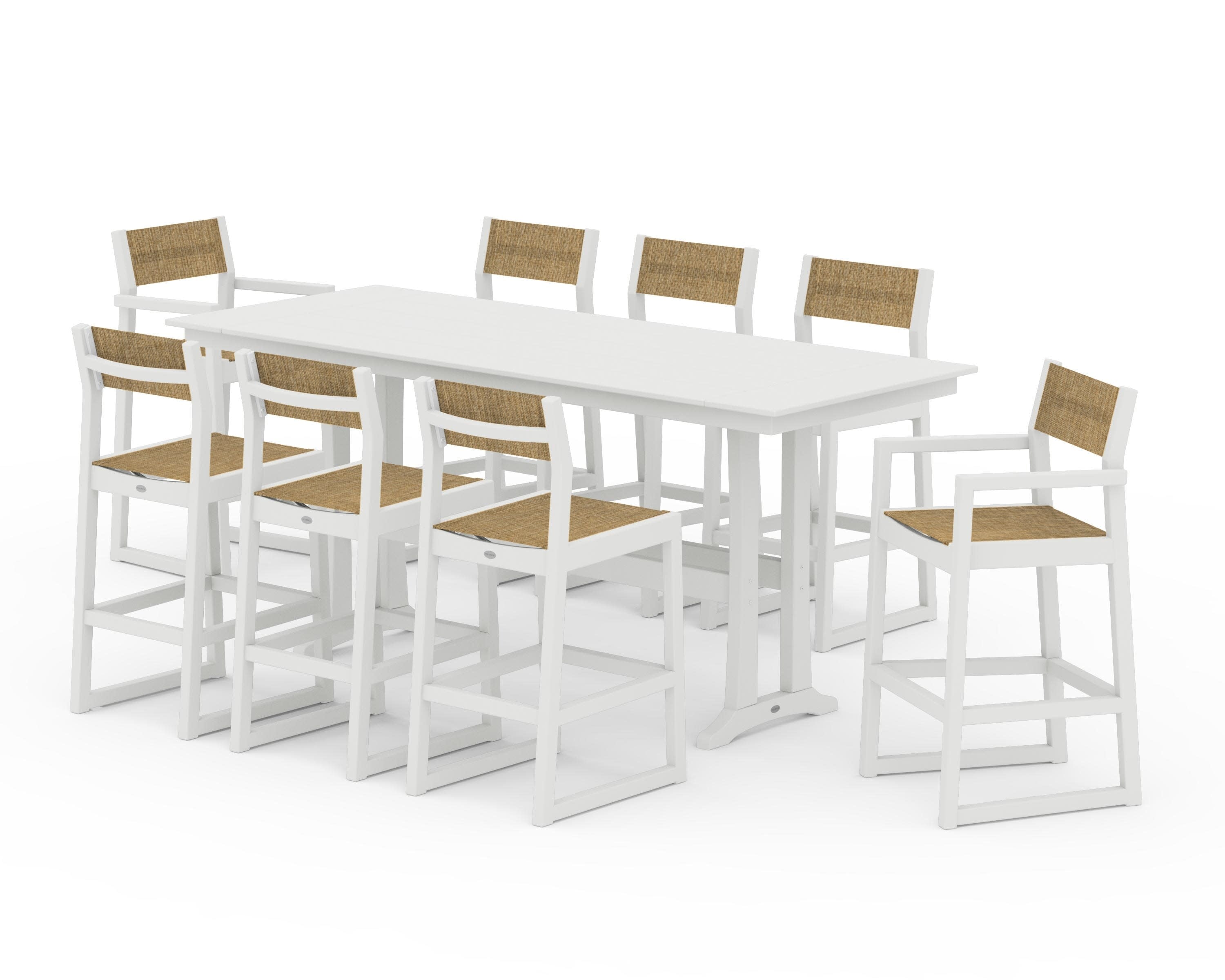 EDGE Sling 9-Piece Farmhouse Bar Set with Trestle Legs in Vintage White / Burlap Sling