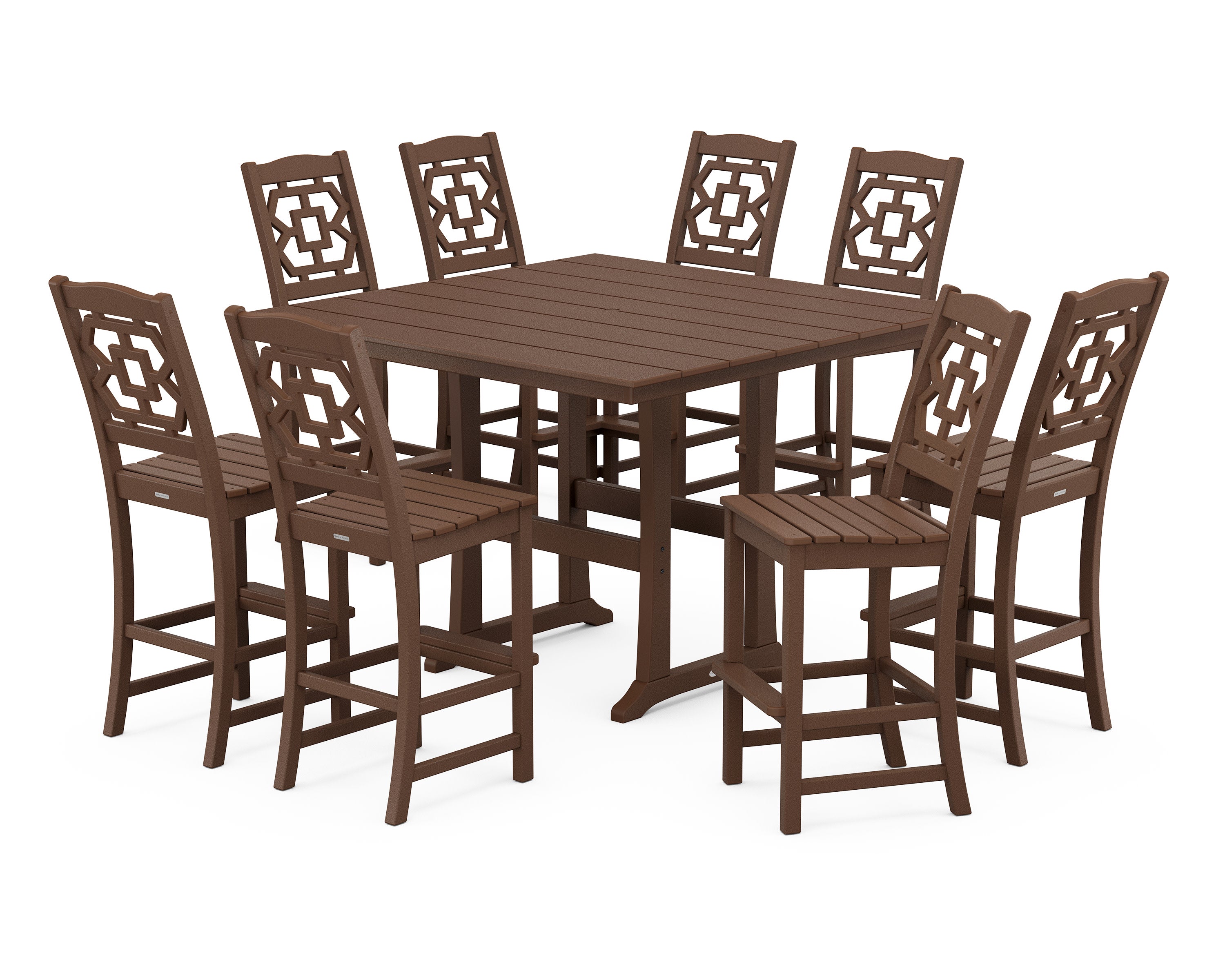 Chinoiserie 9-Piece Square Farmhouse Side Chair Bar Set with Trestle Legs in Mahogany