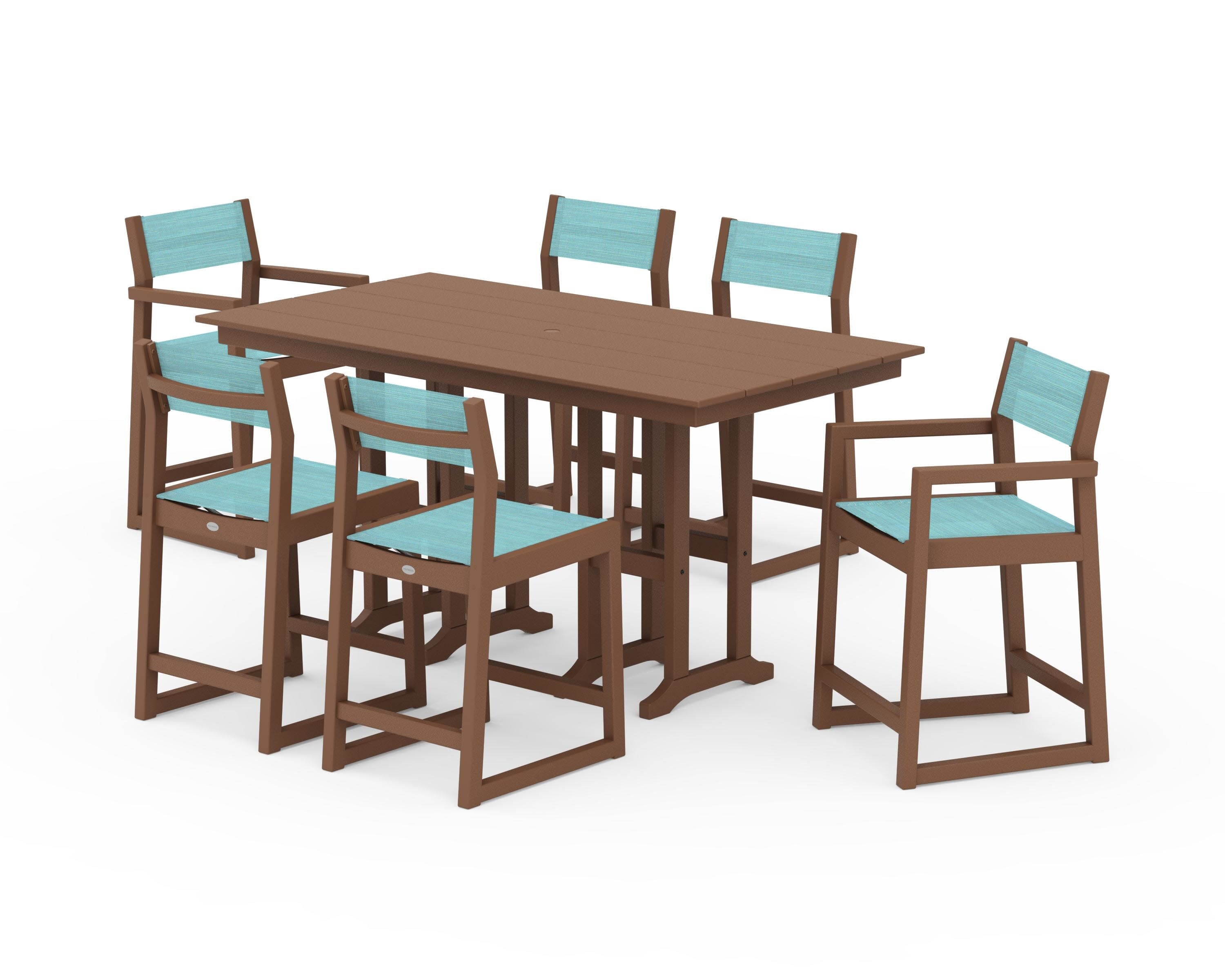 EDGE Sling 7-Piece Farmhouse Counter Set with Trestle Legs in Teak / Dupioni Aquamarine Sling