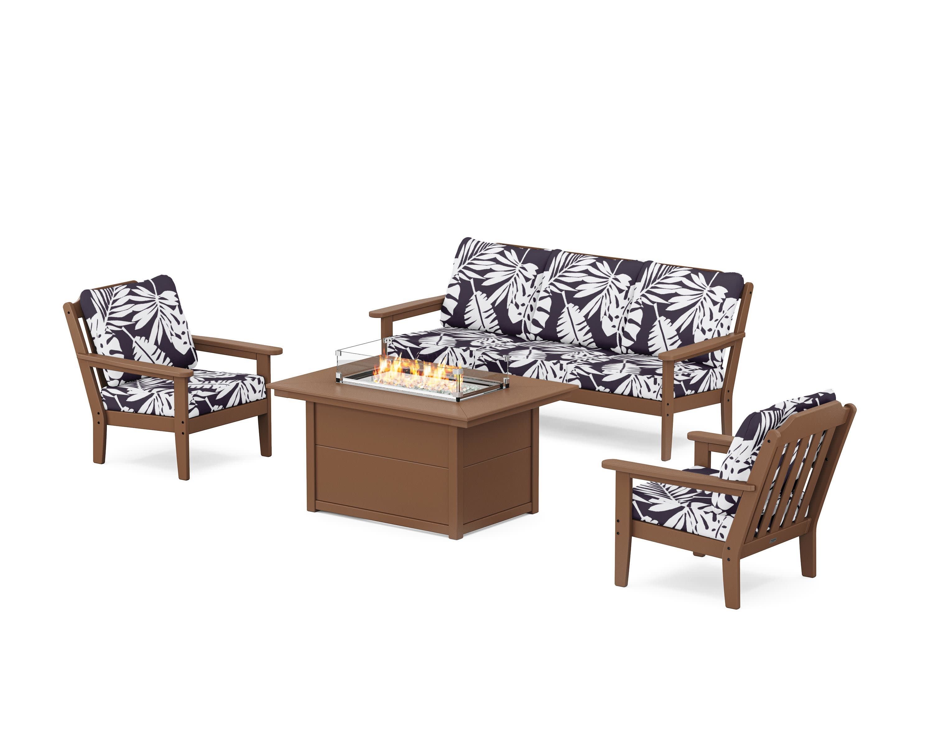 Cottage Deep Seating Fire Pit Table Set in Teak / Leaf Navy