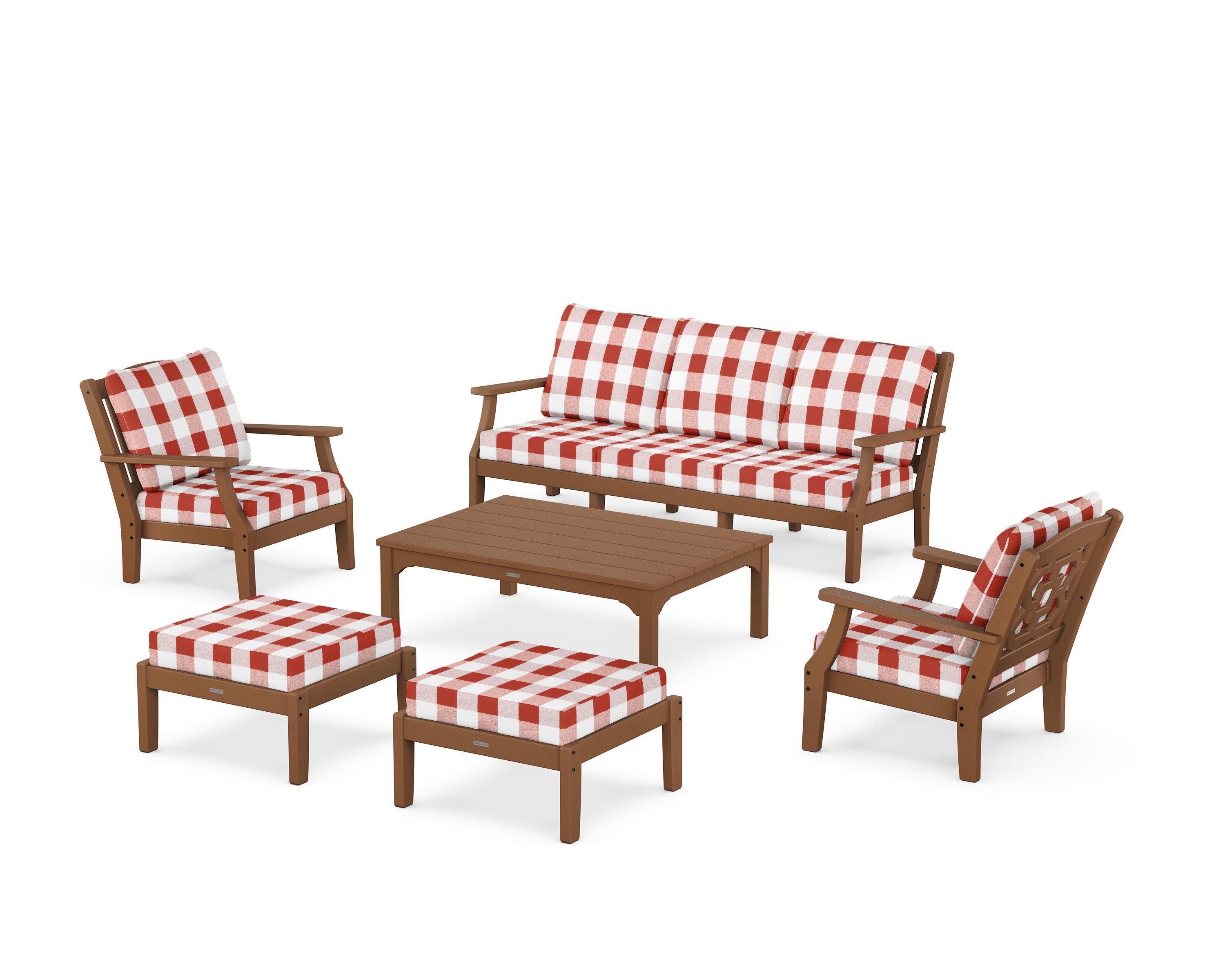 Chinoiserie 6-Piece Lounge Sofa Set in Teak / Buffalo Plaid Crimson