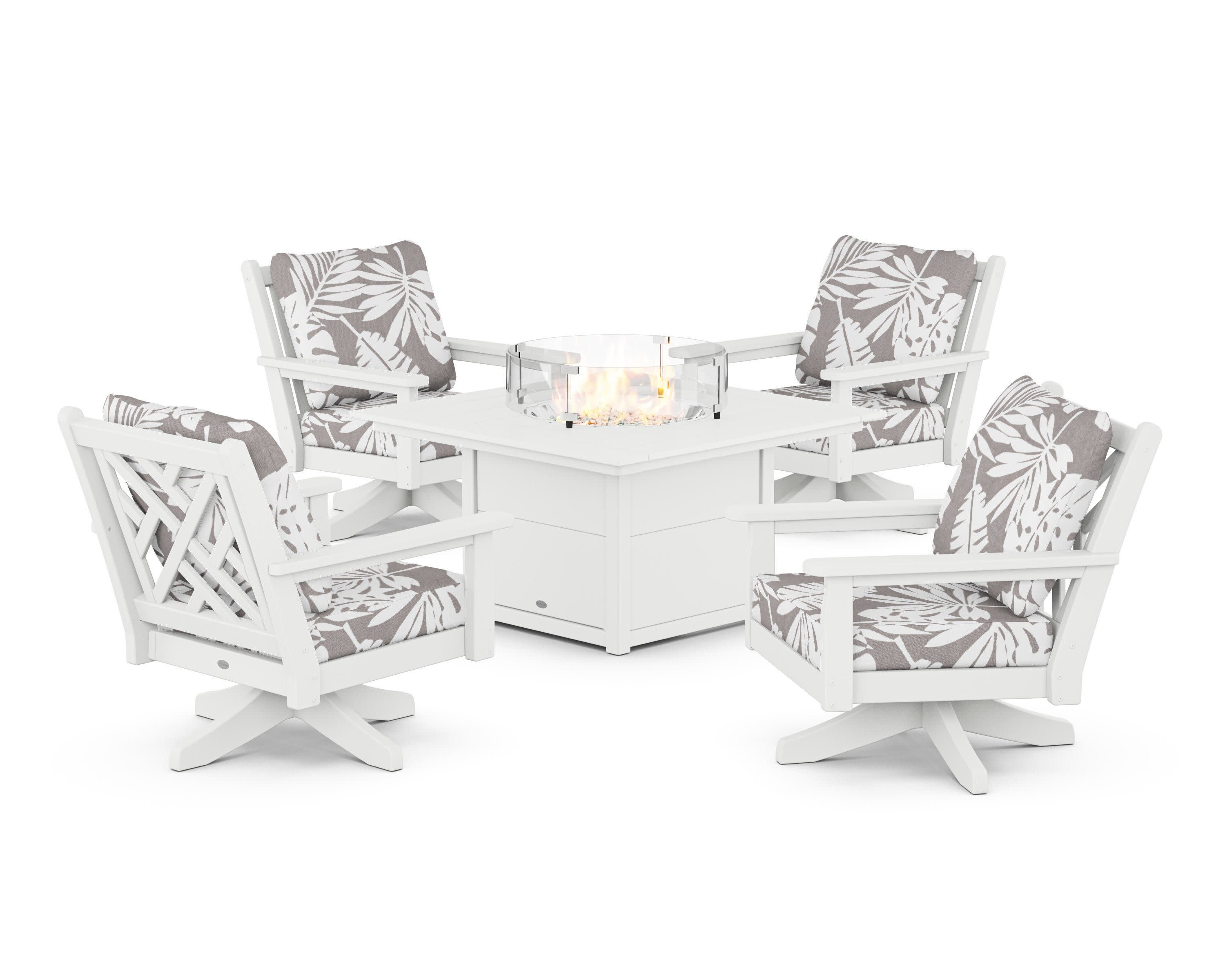 Chippendale 5-Piece Deep Seating Swivel Conversation Set with Fire Pit Table in White / Leaf Grey Mist
