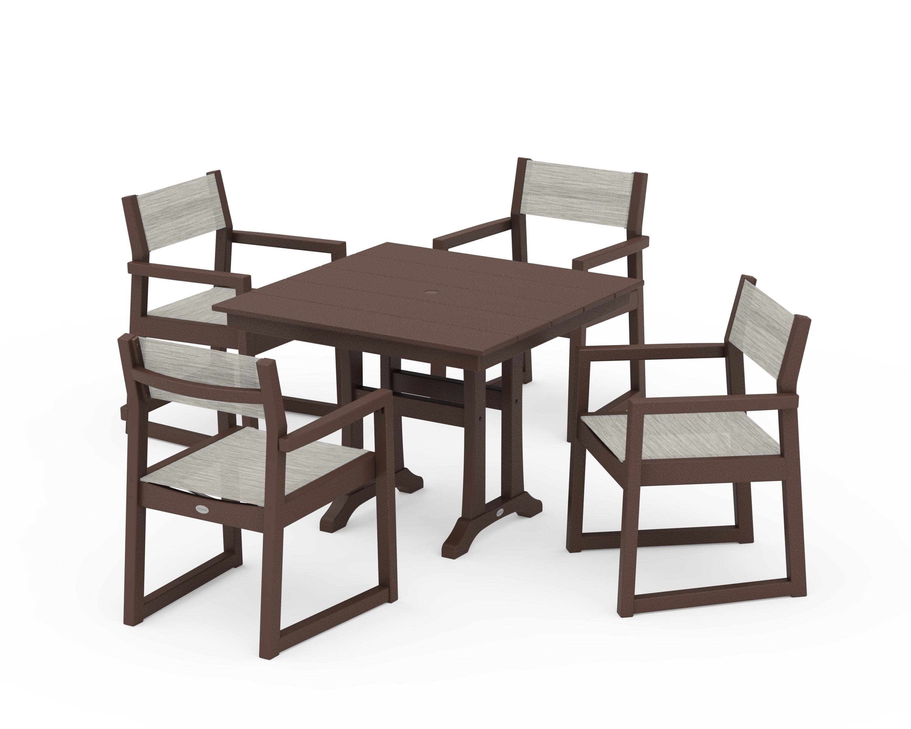 EDGE Sling 5-Piece Farmhouse Dining Set with Trestle Legs in Mahogany / Birch Sling