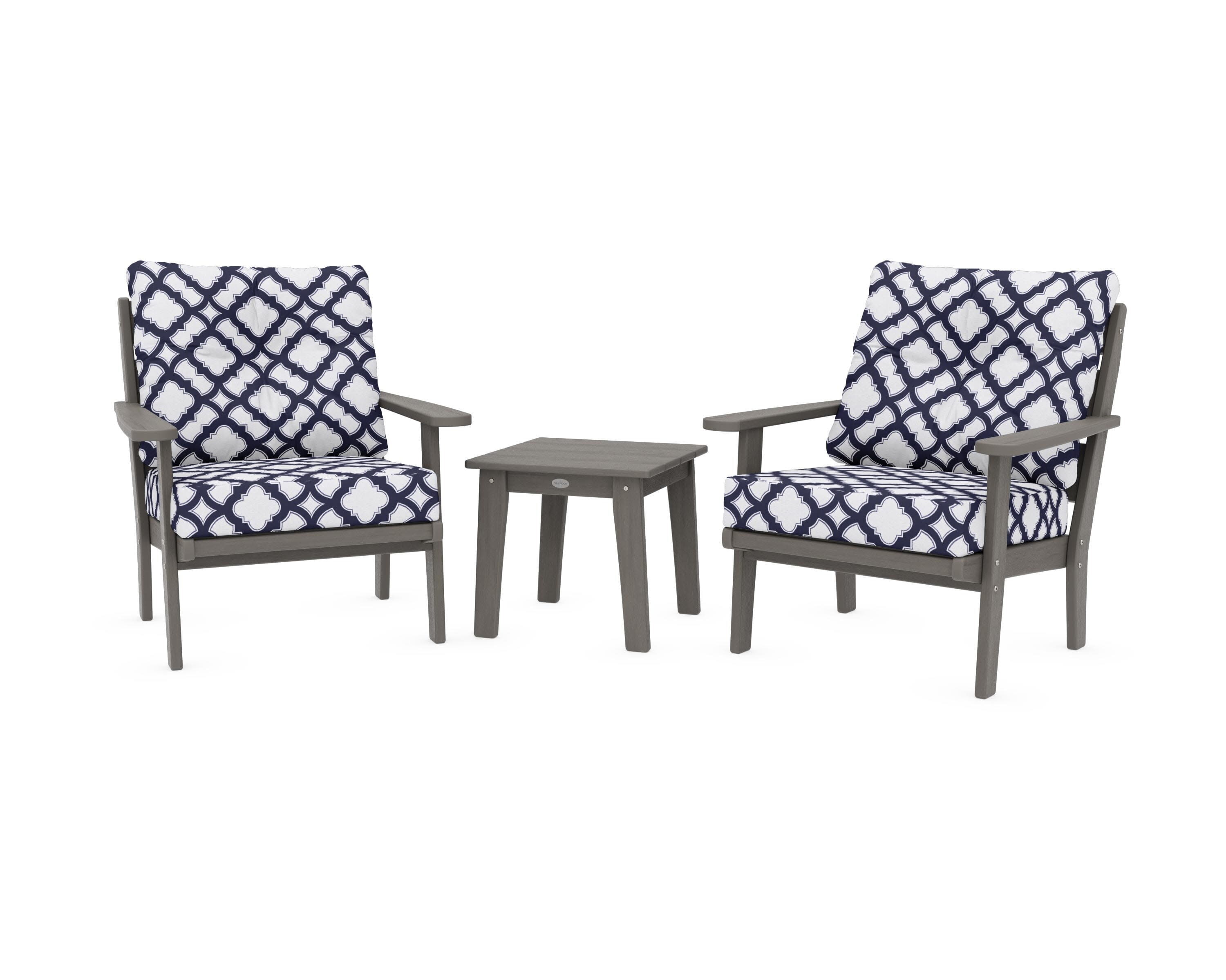 Lakeside 3-Piece Deep Seating Chair Set in Driftwood / Trellis Navy