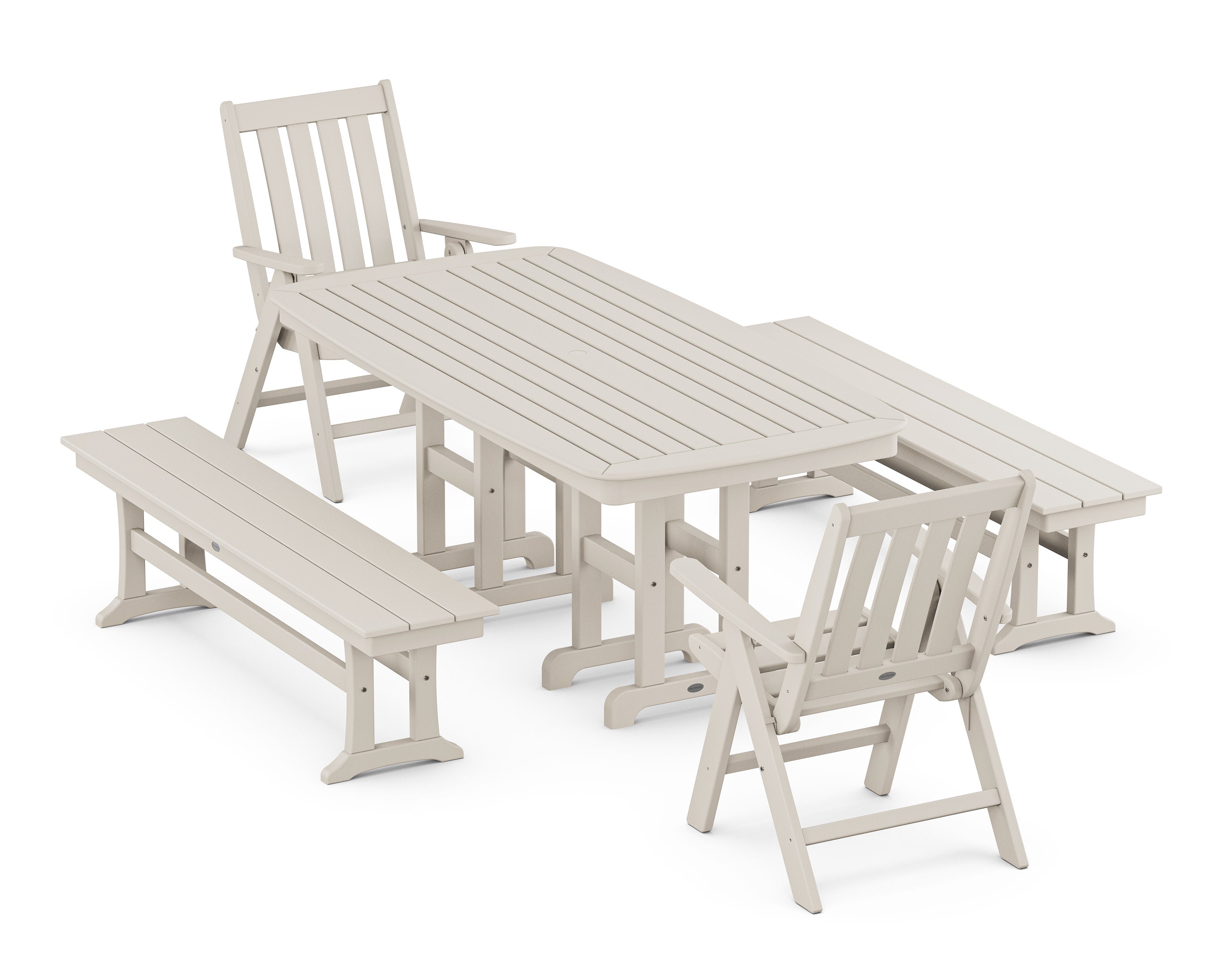 Vineyard Folding Chair 6-Piece Dining Set with Benches in Sand