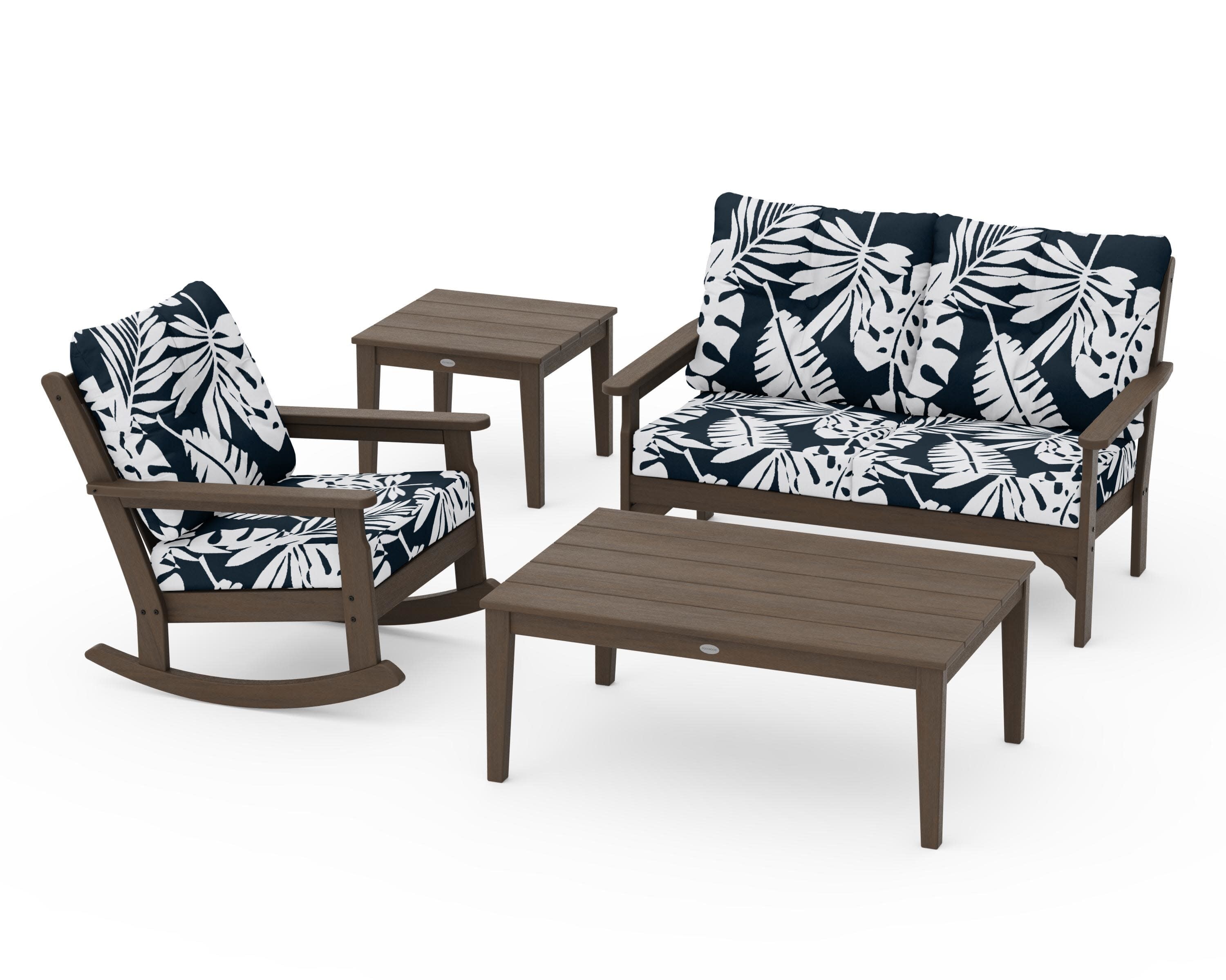 Vineyard 4-Piece Deep Seating Rocker Set in Kona / Leaf Marine Indigo