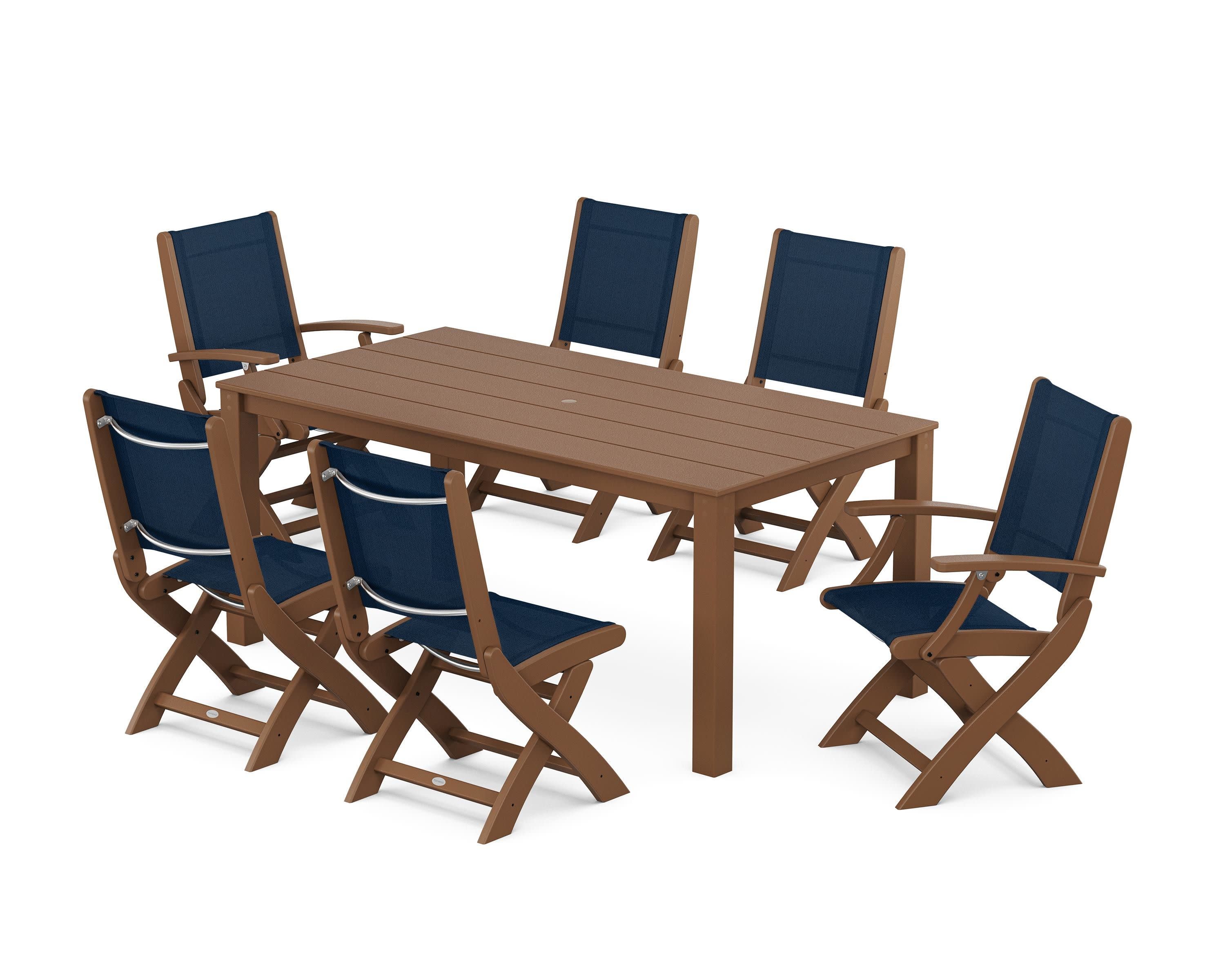 Coastal Folding Chair 7-Piece Parsons Dining Set in Teak / Navy Blue Sling