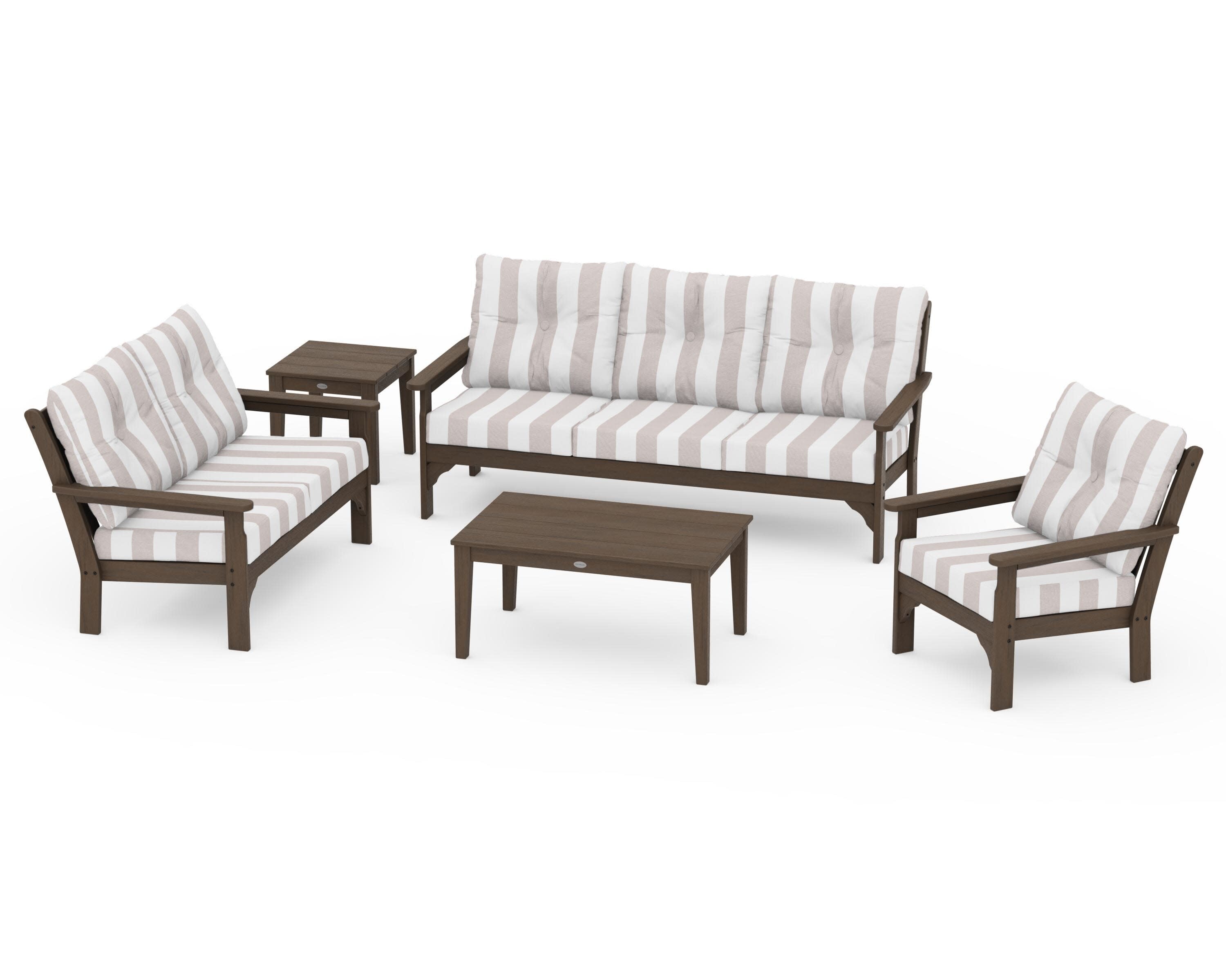 Vineyard 5 Piece Deep Seating Set in Kona / Cabana Stripe Dune Burlap