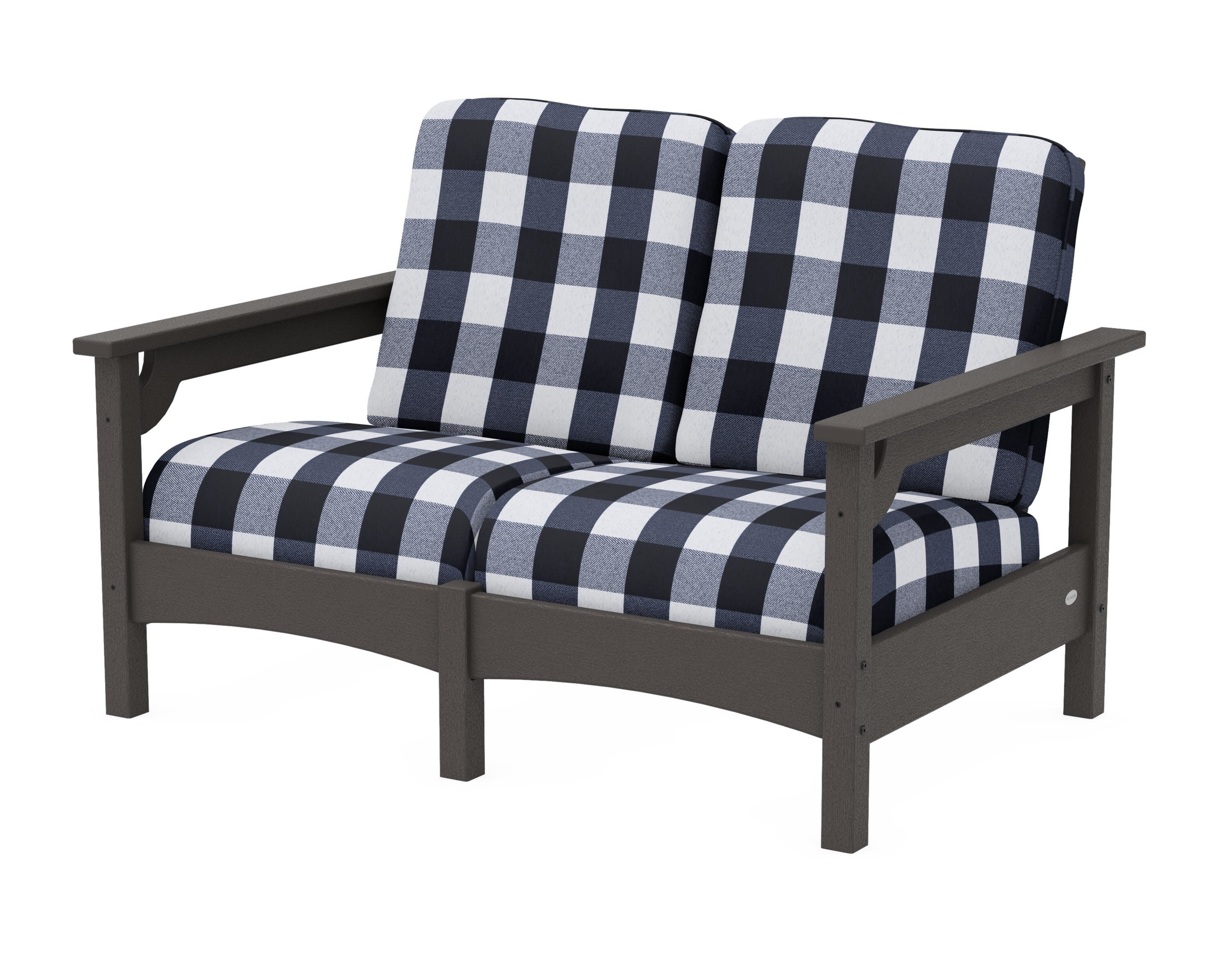 Club Loveseat in Vintage Coffee / Buffalo Plaid Marine Indigo