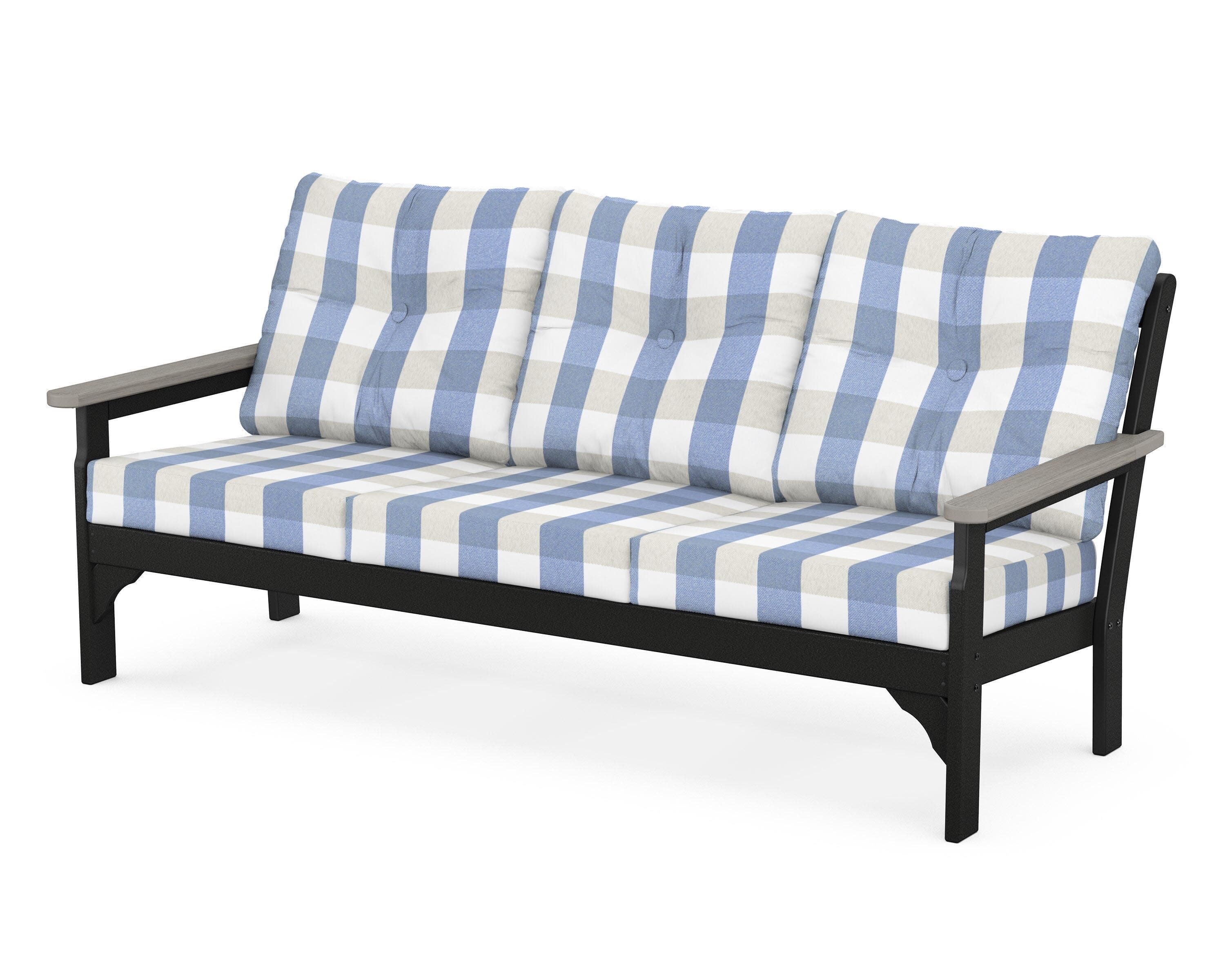 Vineyard Deep Seating Sofa in Black / Driftwood / Buffalo Plaid Sky Blue