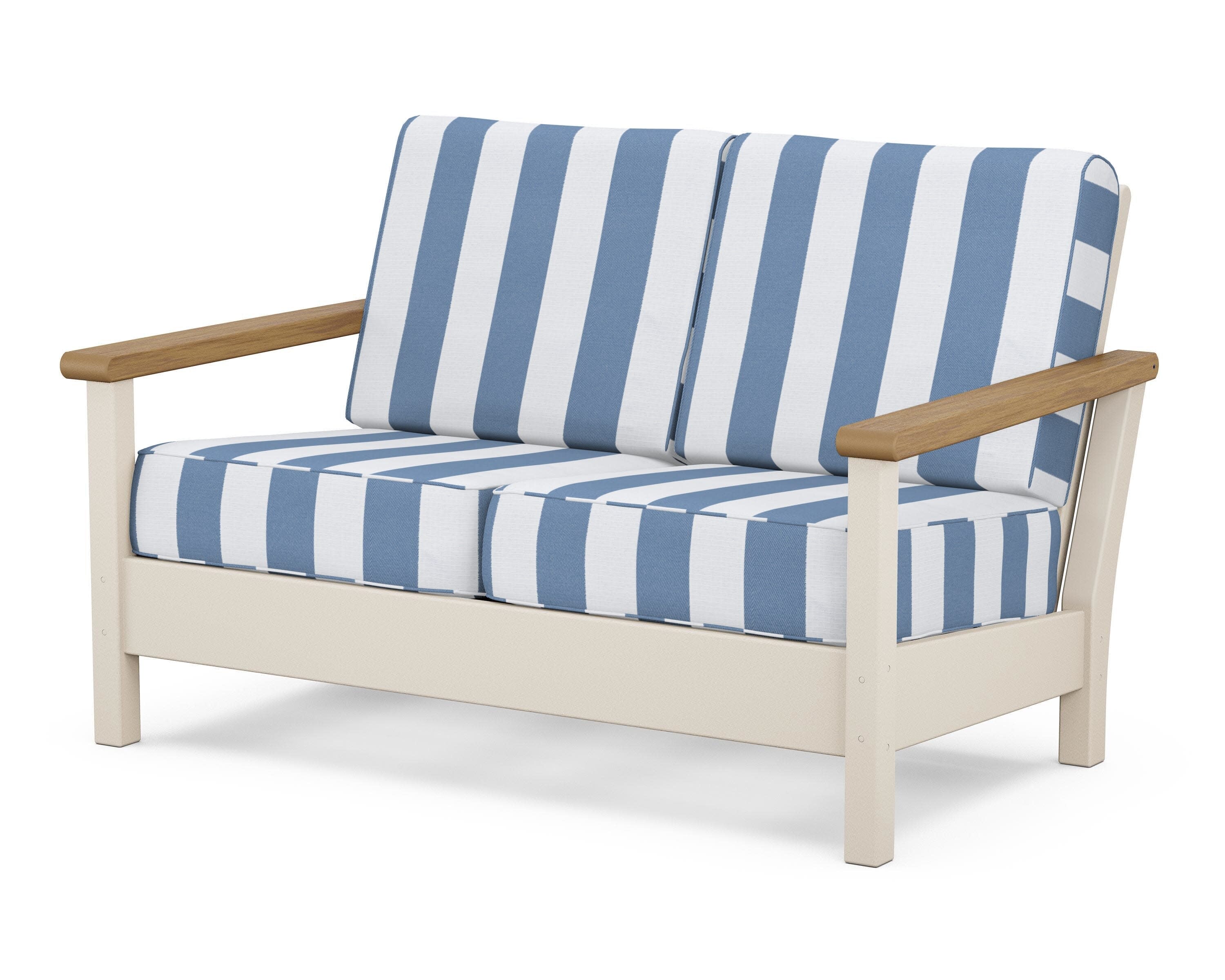 Harbour Deep Seating Loveseat in Sand / Natural / Cabana Stripe Sky Blue