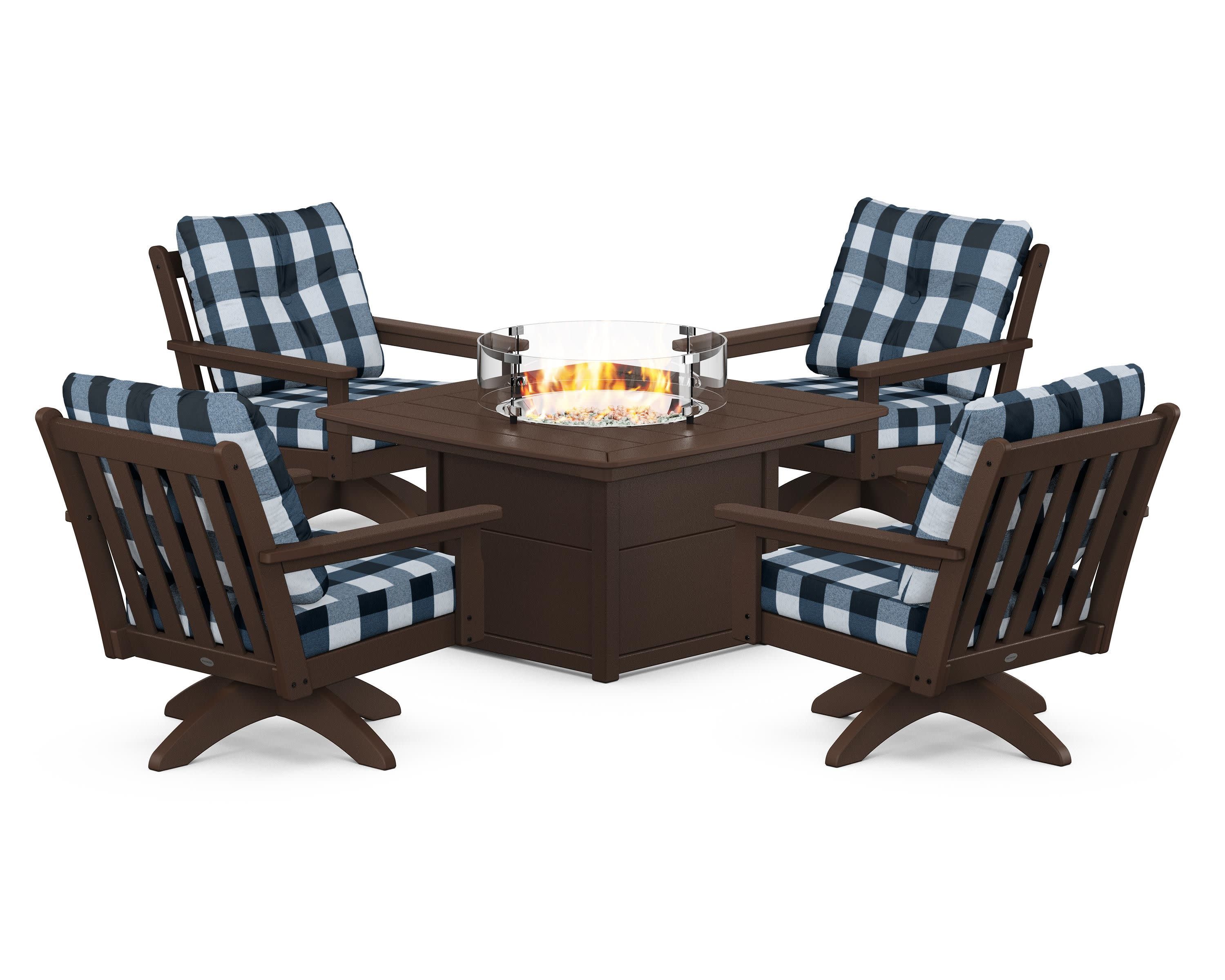 Vineyard 5-Piece Deep Seating Swivel Conversation Set with Fire Pit Table in Mahogany / Buffalo Plaid Marine Indigo