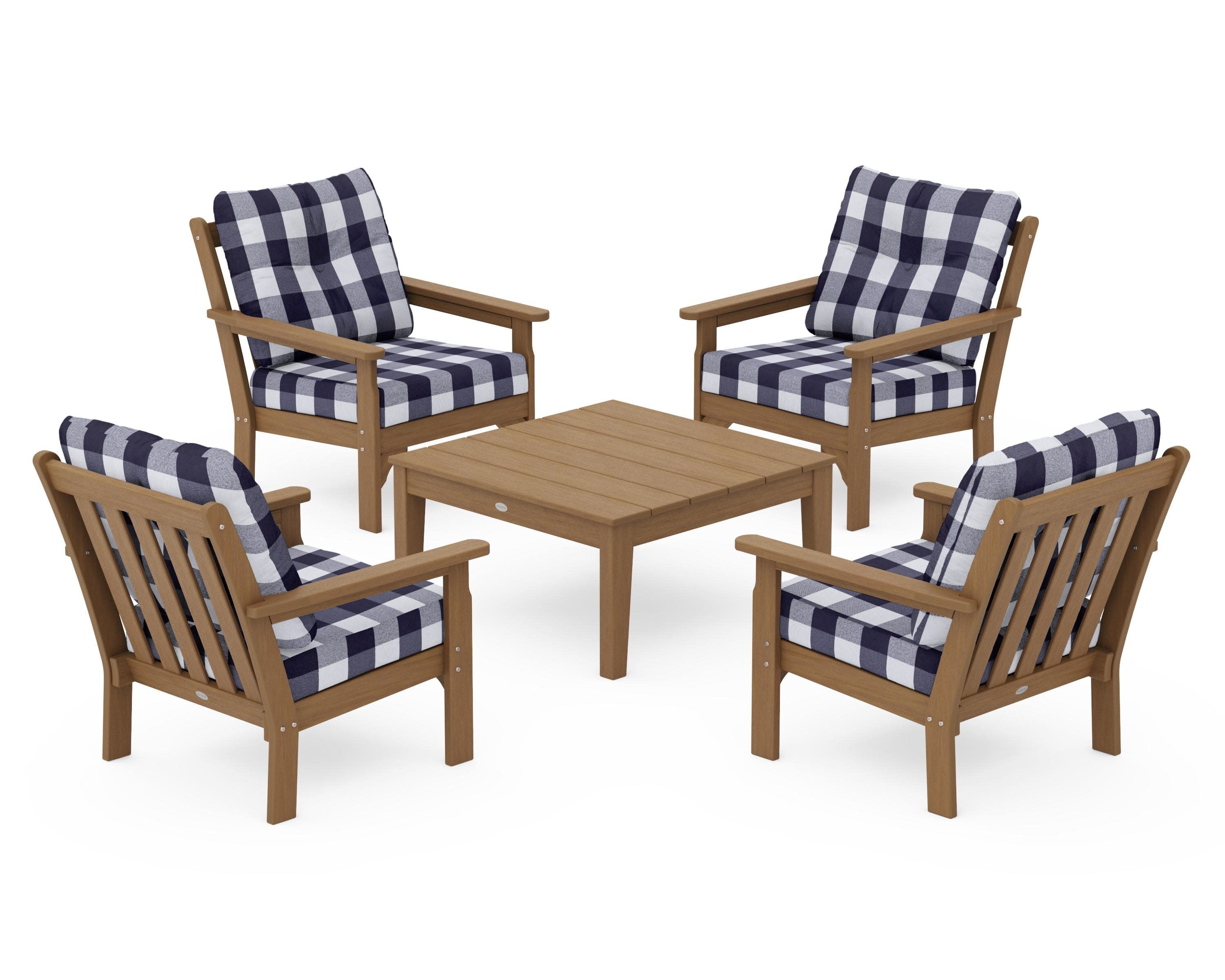 Vineyard 5-Piece Deep Seating Conversation Set in Natural / Buffalo Plaid Navy