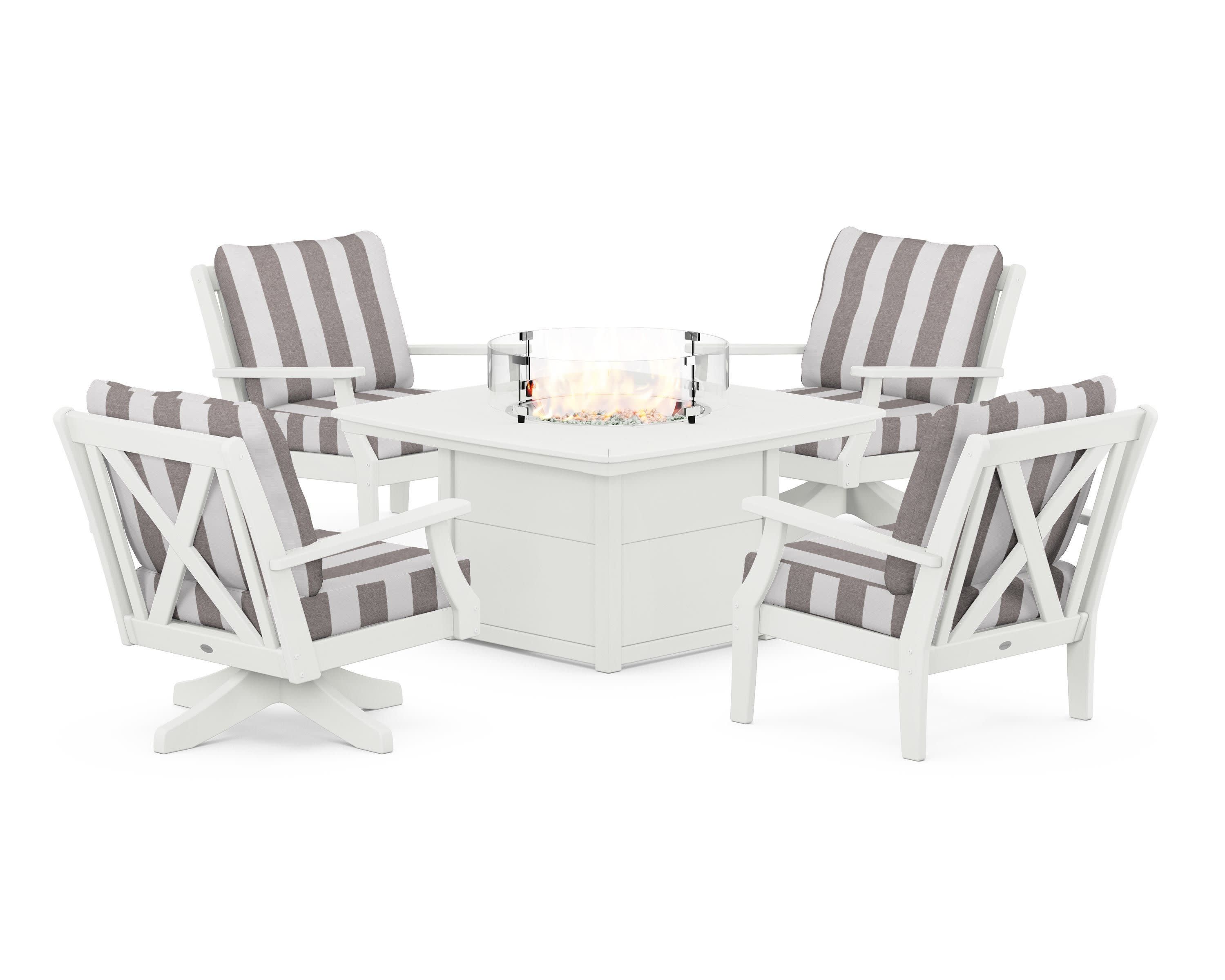 Braxton 5-Piece Deep Seating Set with Fire Table in Vintage White / Cabana Stripe Grey Mist