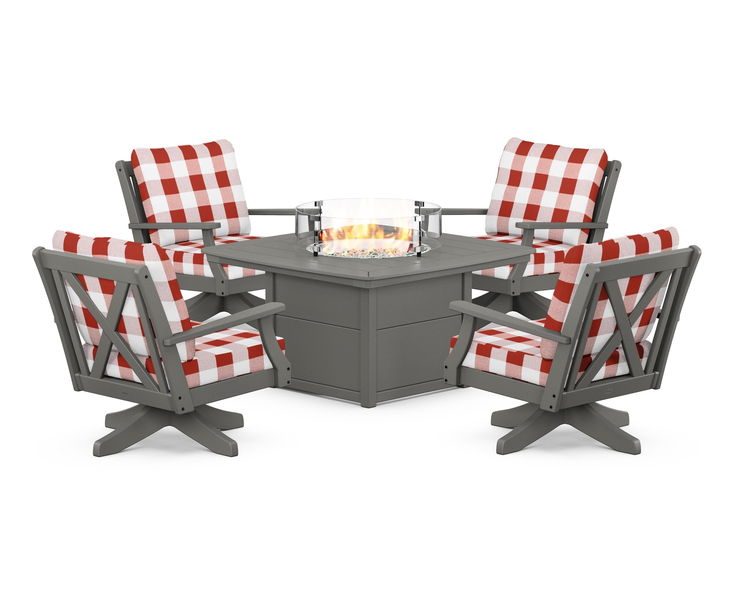 Braxton 5-Piece Deep Seating Swivel Conversation Set with Fire Pit Table in Slate Grey / Buffalo Plaid Crimson