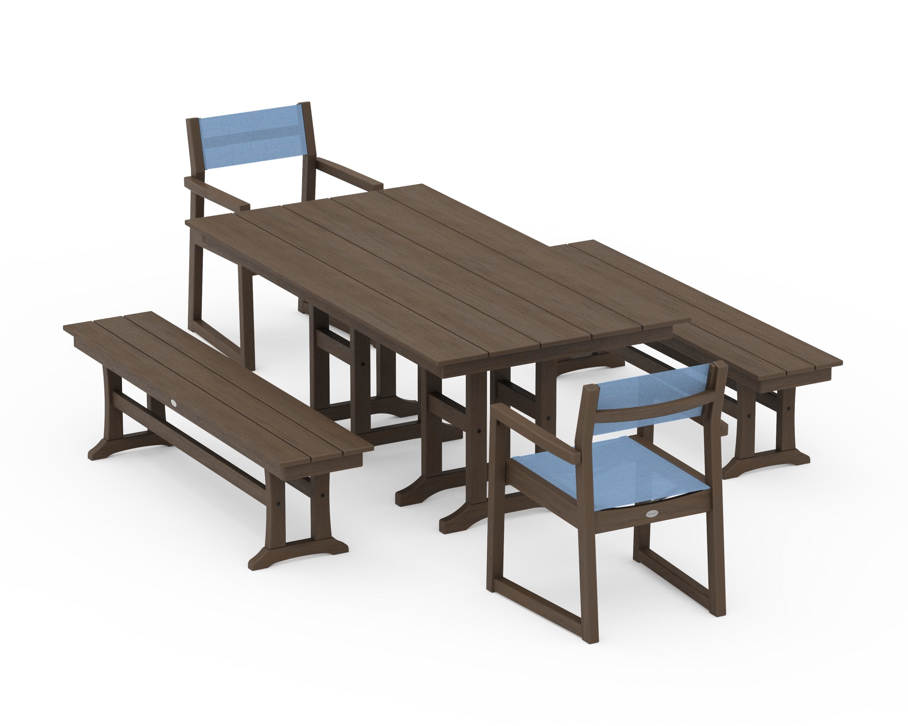 EDGE Sling Arm Chair 5-Piece Farmhouse Dining Set with Benches in Kona / Poolside Sling
