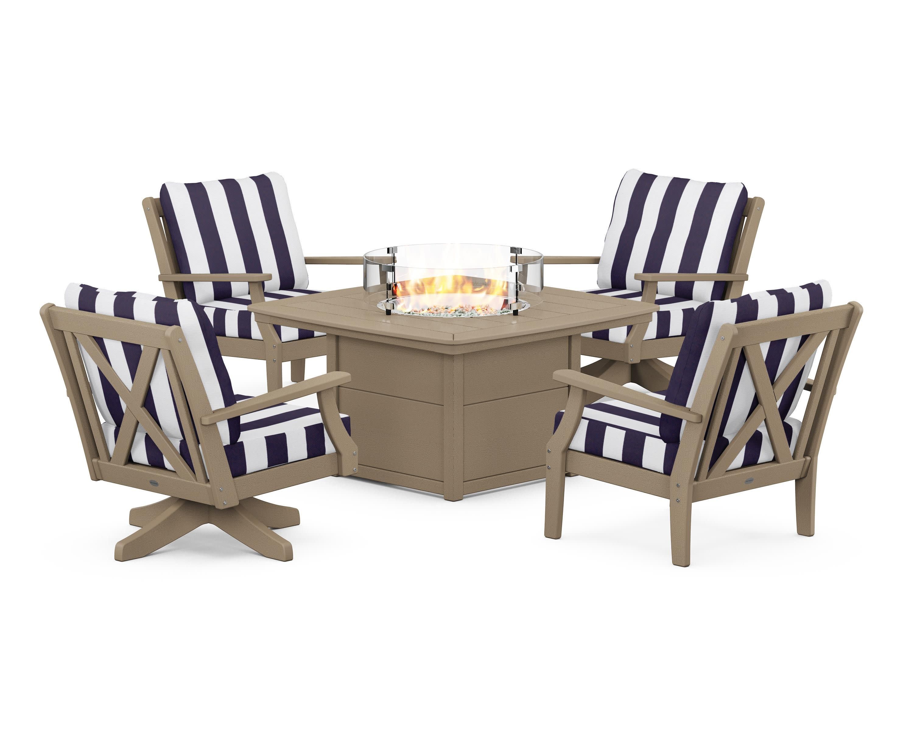 Braxton 5-Piece Deep Seating Set with Fire Table in Vintage Sahara / Cabana Stripe Navy