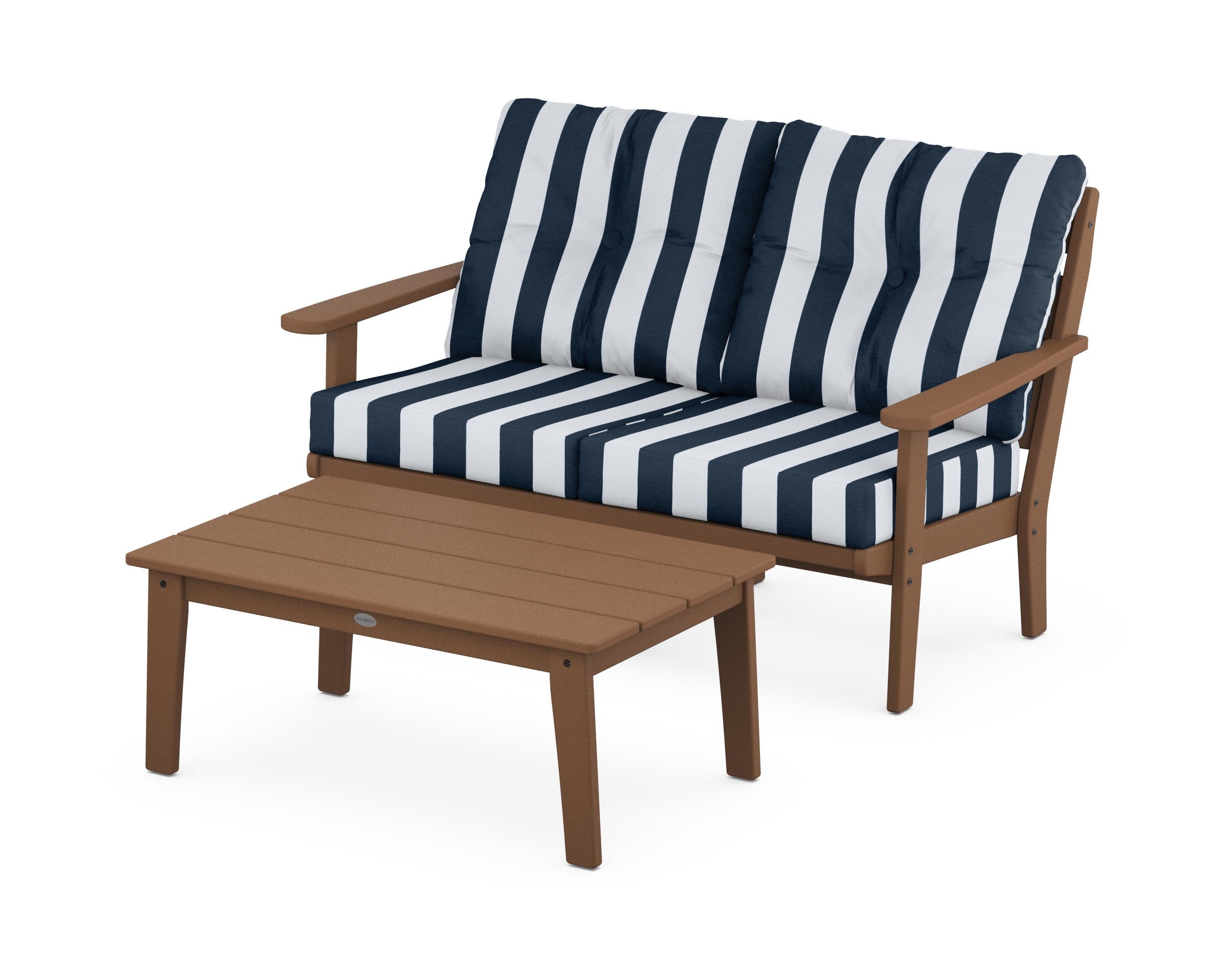 Lakeside 2-Piece Lounge Loveseat Set in Teak / Cabana Stripe Marine Indigo