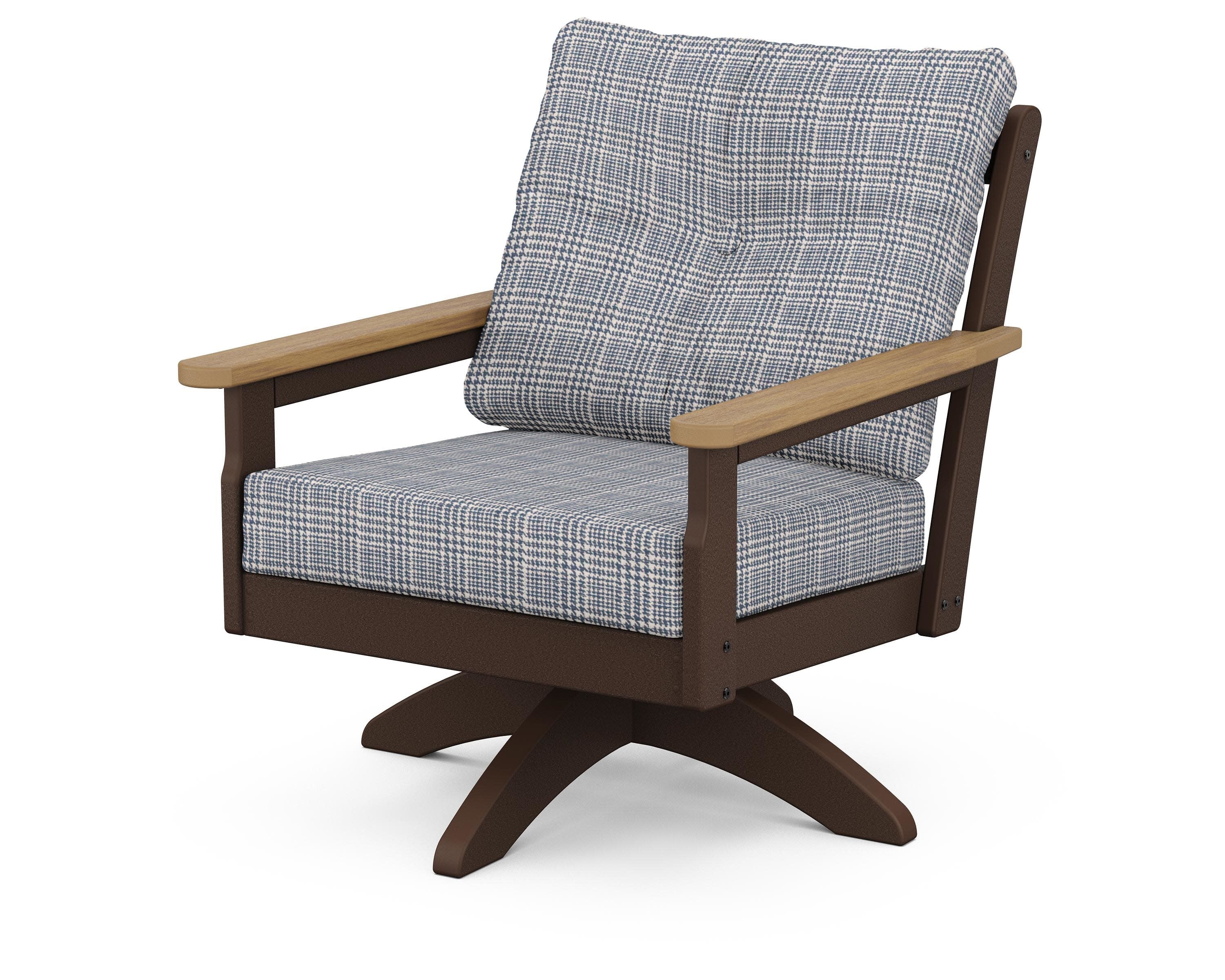 Vineyard Deep Seating Swivel Chair in Mahogany / Natural / Houndstooth Sky Blue