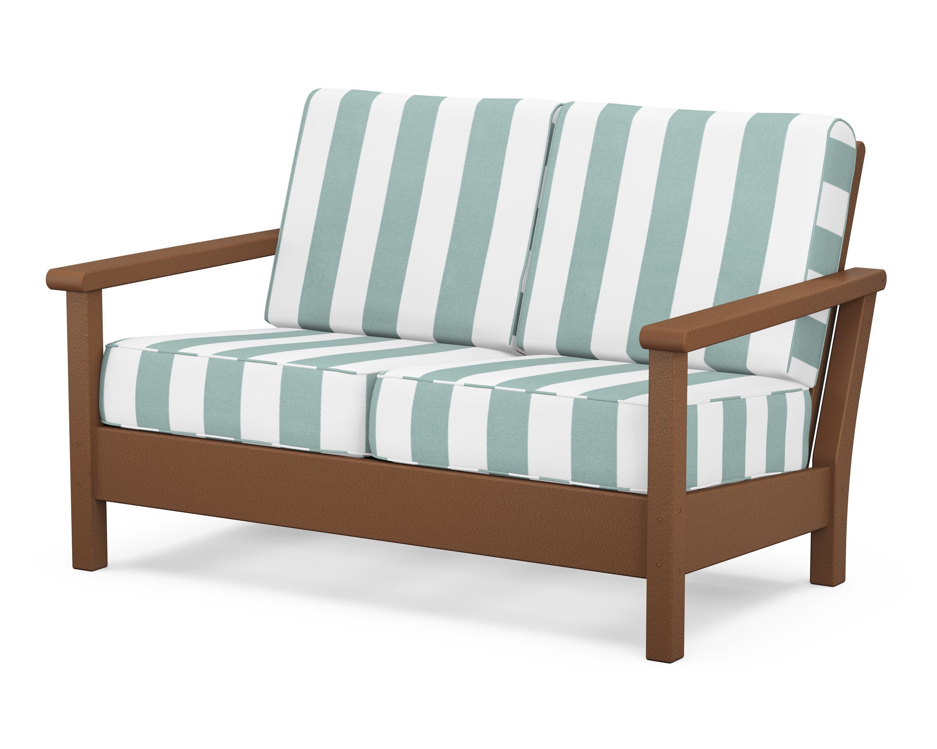 Harbour Deep Seating Loveseat in Teak / Cabana Stripe Glacier Spa