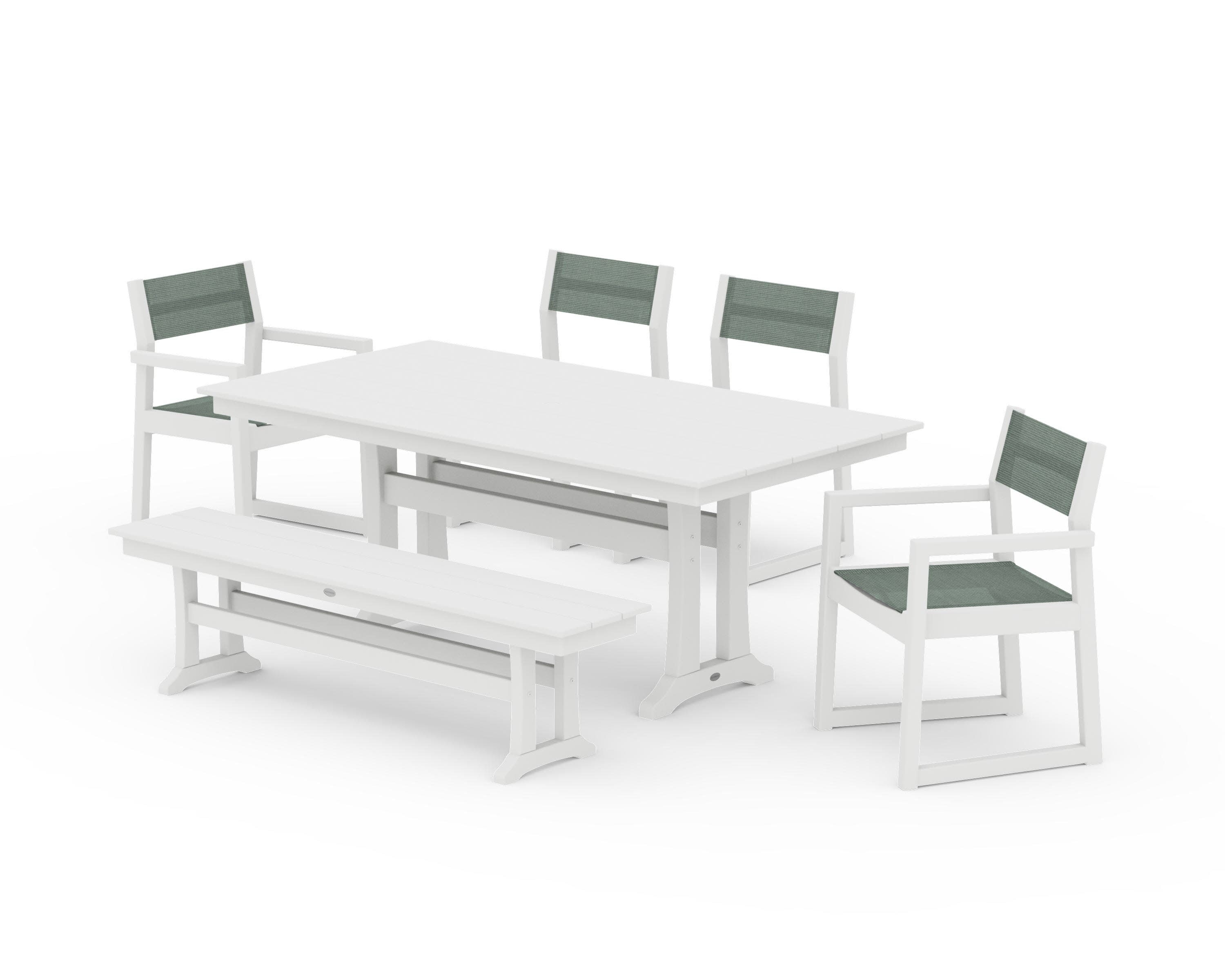 EDGE Sling 6-Piece Farmhouse Dining Set With Trestle Legs in White / Dupioni Sea Mist Sling