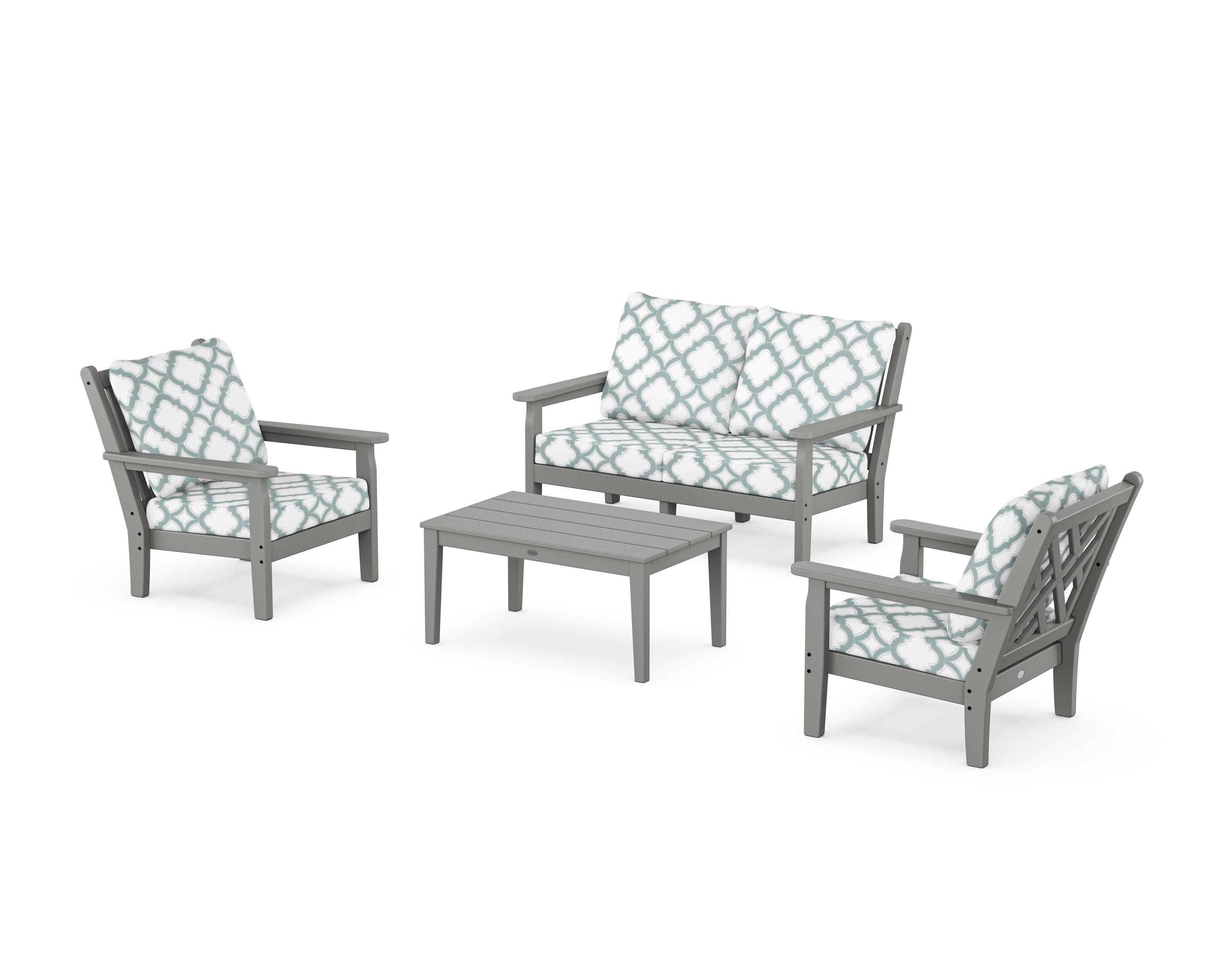 Chippendale 4-Piece Deep Seating Set with Loveseat in Slate Grey / Trellis Glacier Spa