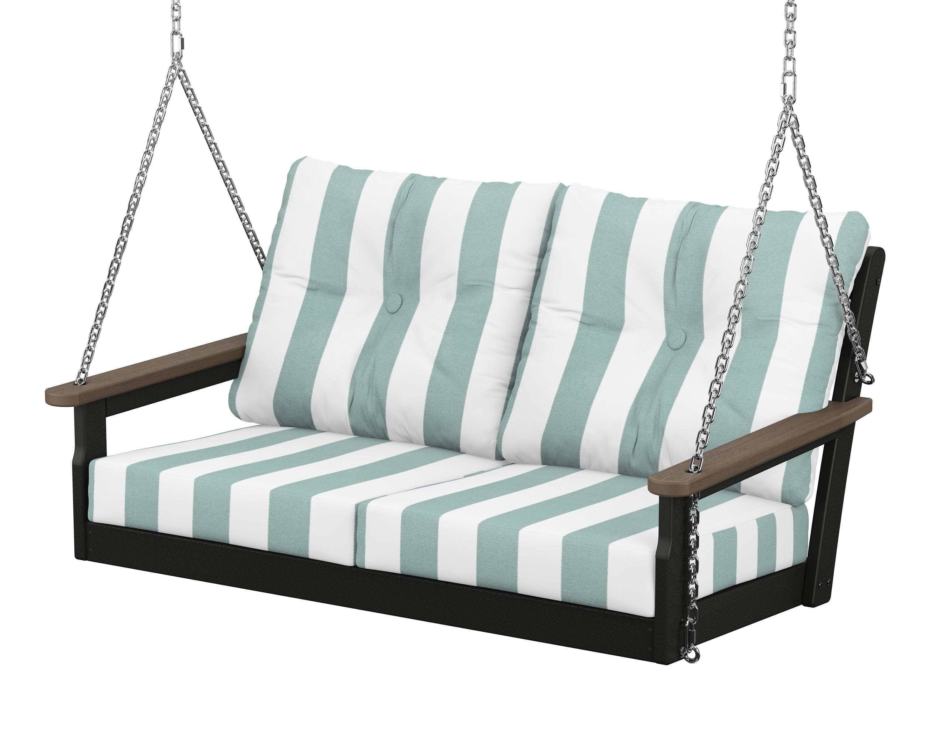 Vineyard Deep Seating Swing in Black / Kona / Cabana Stripe Glacier Spa