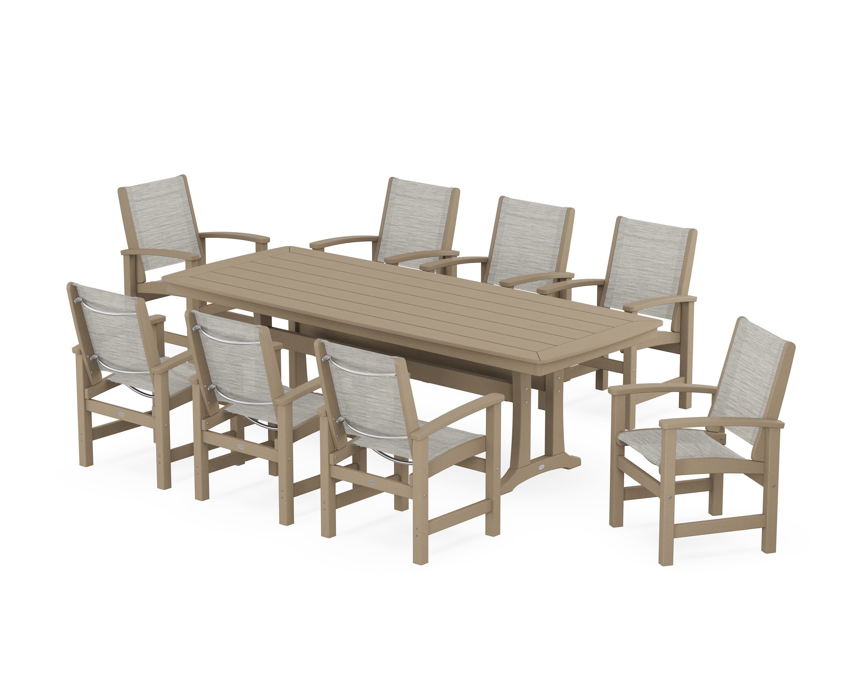 Coastal 9-Piece Dining Set with Trestle Legs in Vintage Sahara / Birch Sling