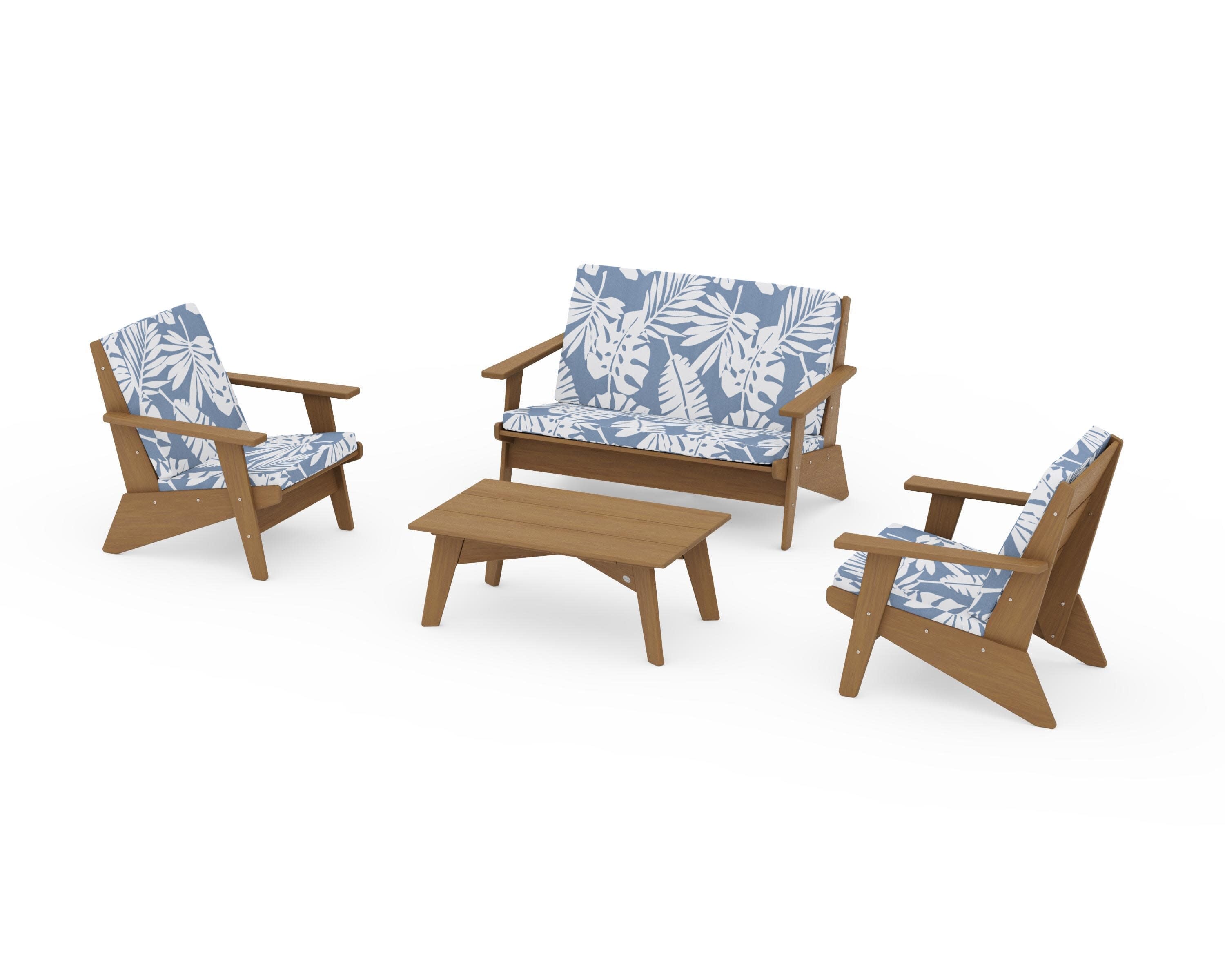 Riviera Modern Lounge 4-Piece Set in Natural / Leaf Sky Blue