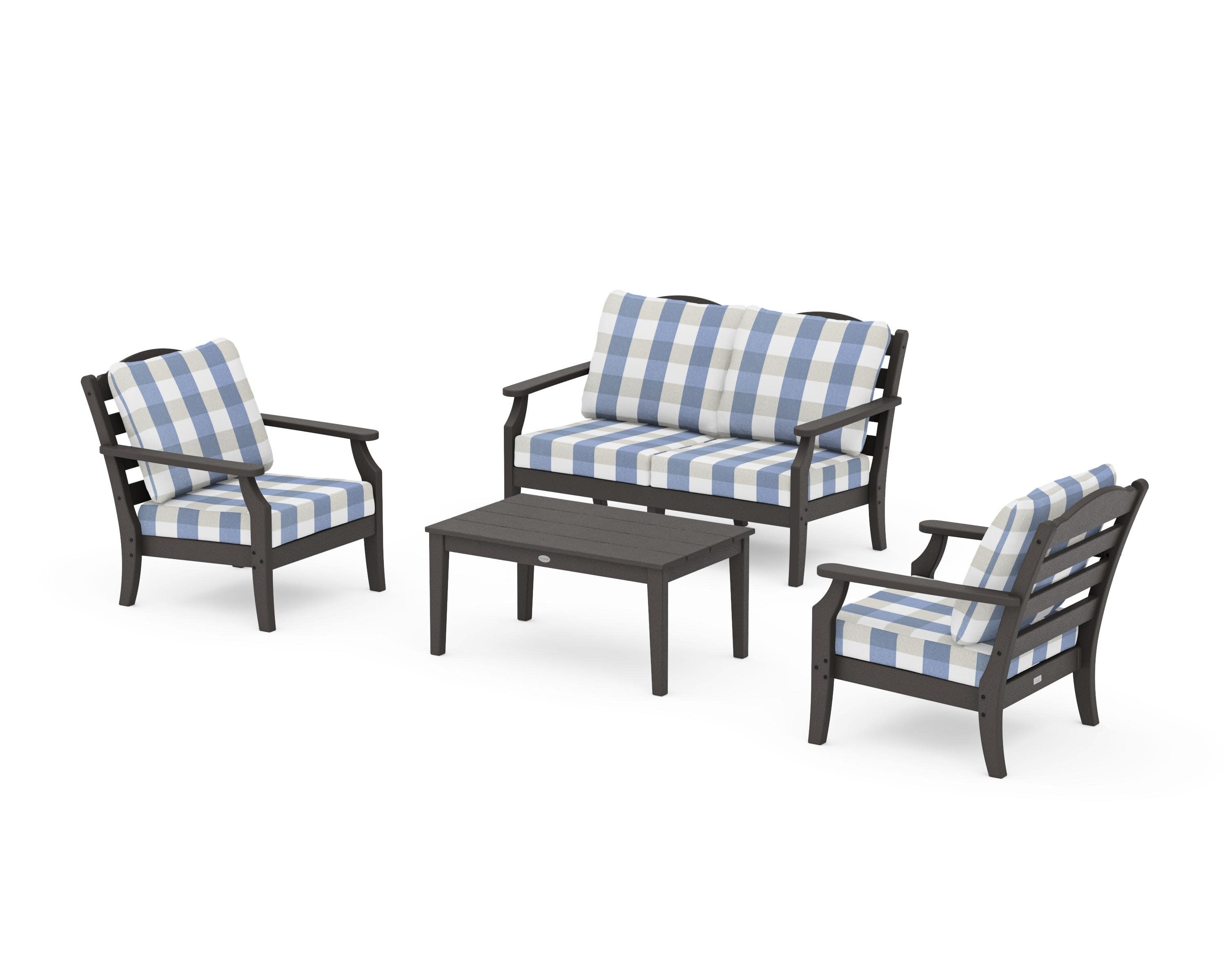 Savannah 4-Piece Deep Seating Set with Loveseat in Vintage Coffee / Buffalo Plaid Sky Blue