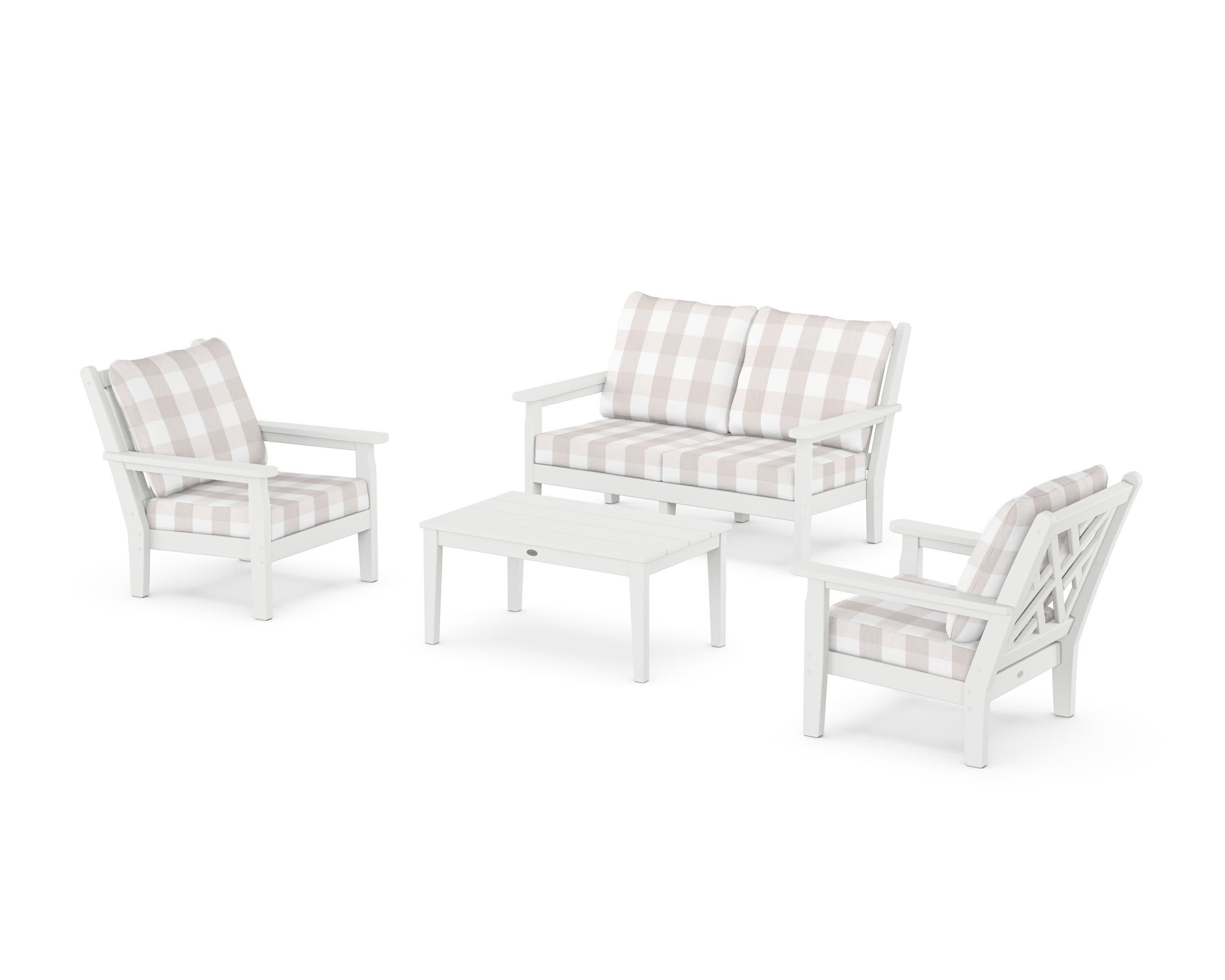 Chippendale 4-Piece Deep Seating Set with Loveseat in White / Buffalo Plaid Dune Burlap