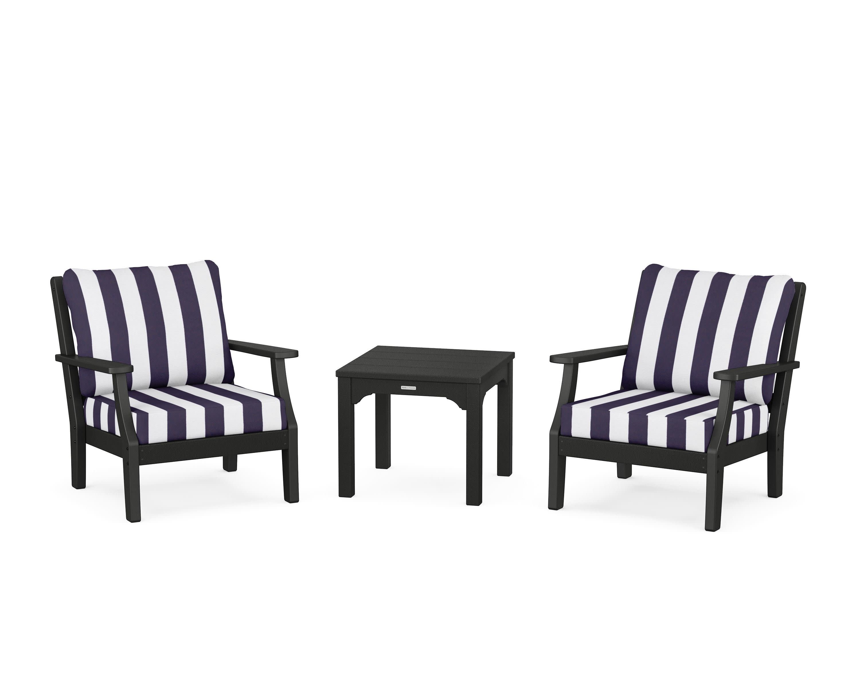 Chinoiserie 3-Piece Deep Seating Set in Black / Cabana Stripe Navy
