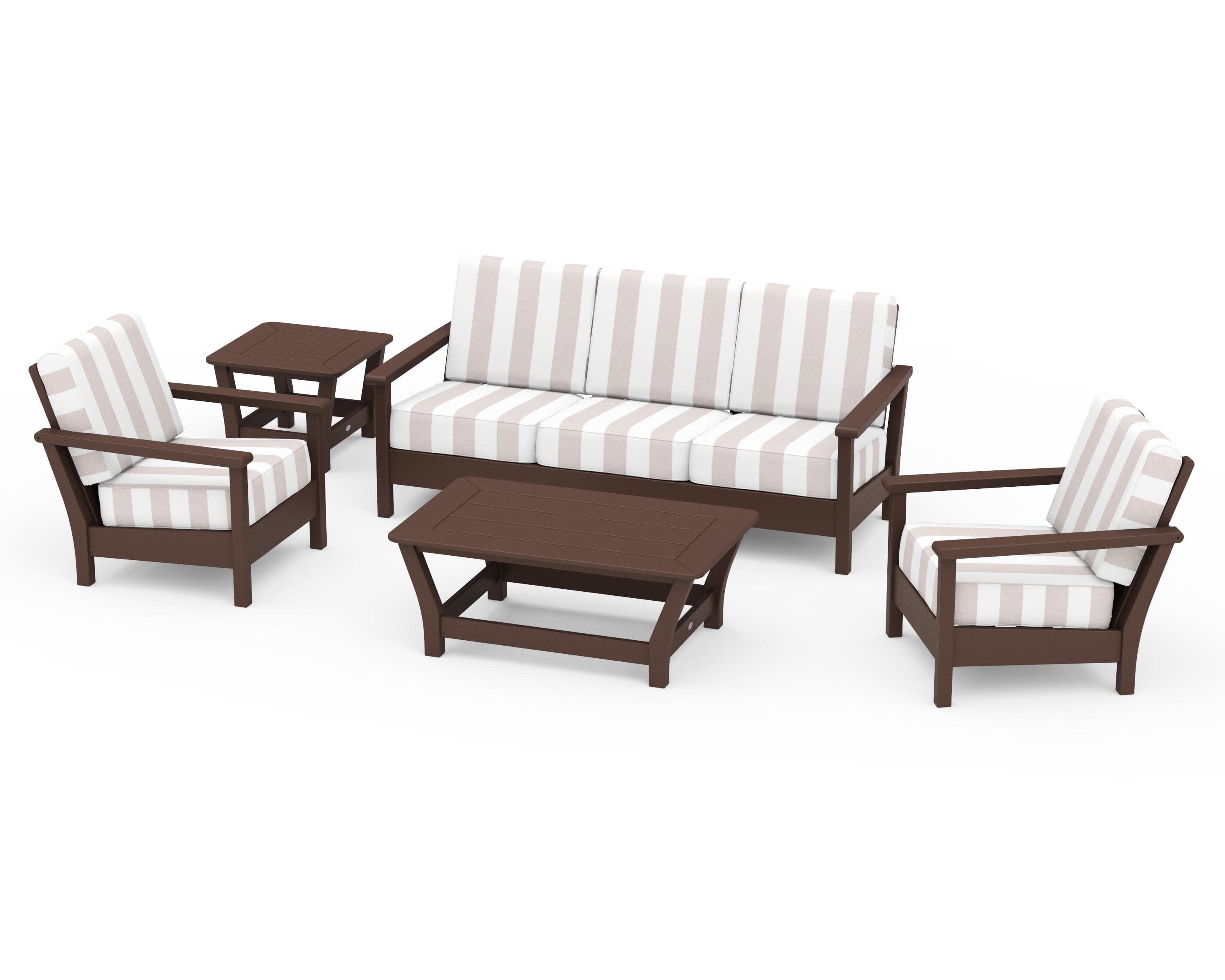 Harbour 5-Piece Deep Seating Set in Mahogany / Cabana Stripe Dune Burlap