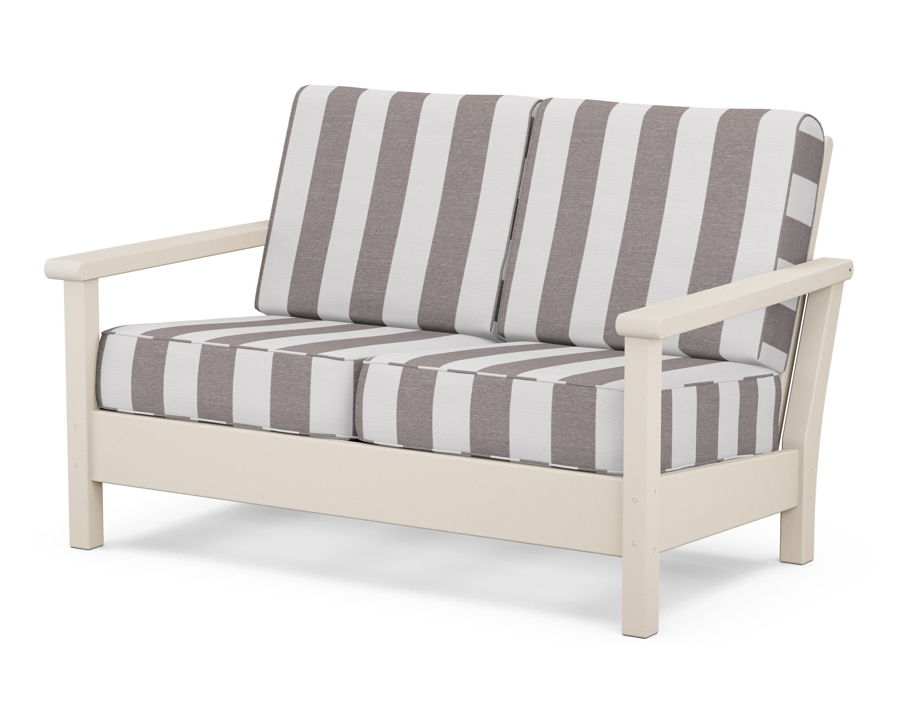 Harbour Deep Seating Loveseat in Sand / Cabana Stripe Grey Mist