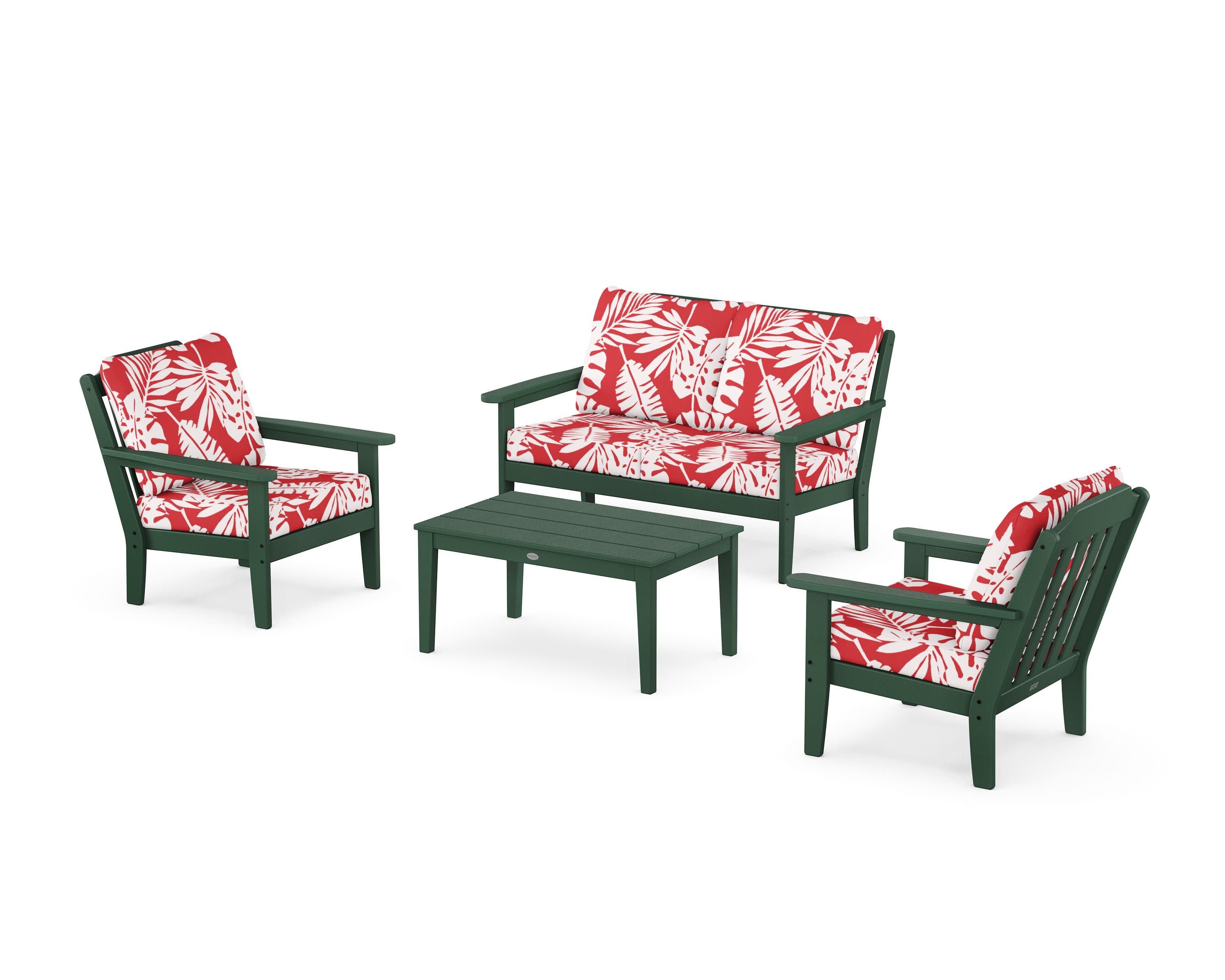 Cottage 4-Piece Deep Seating Set with Loveseat in Green / Leaf Crimson