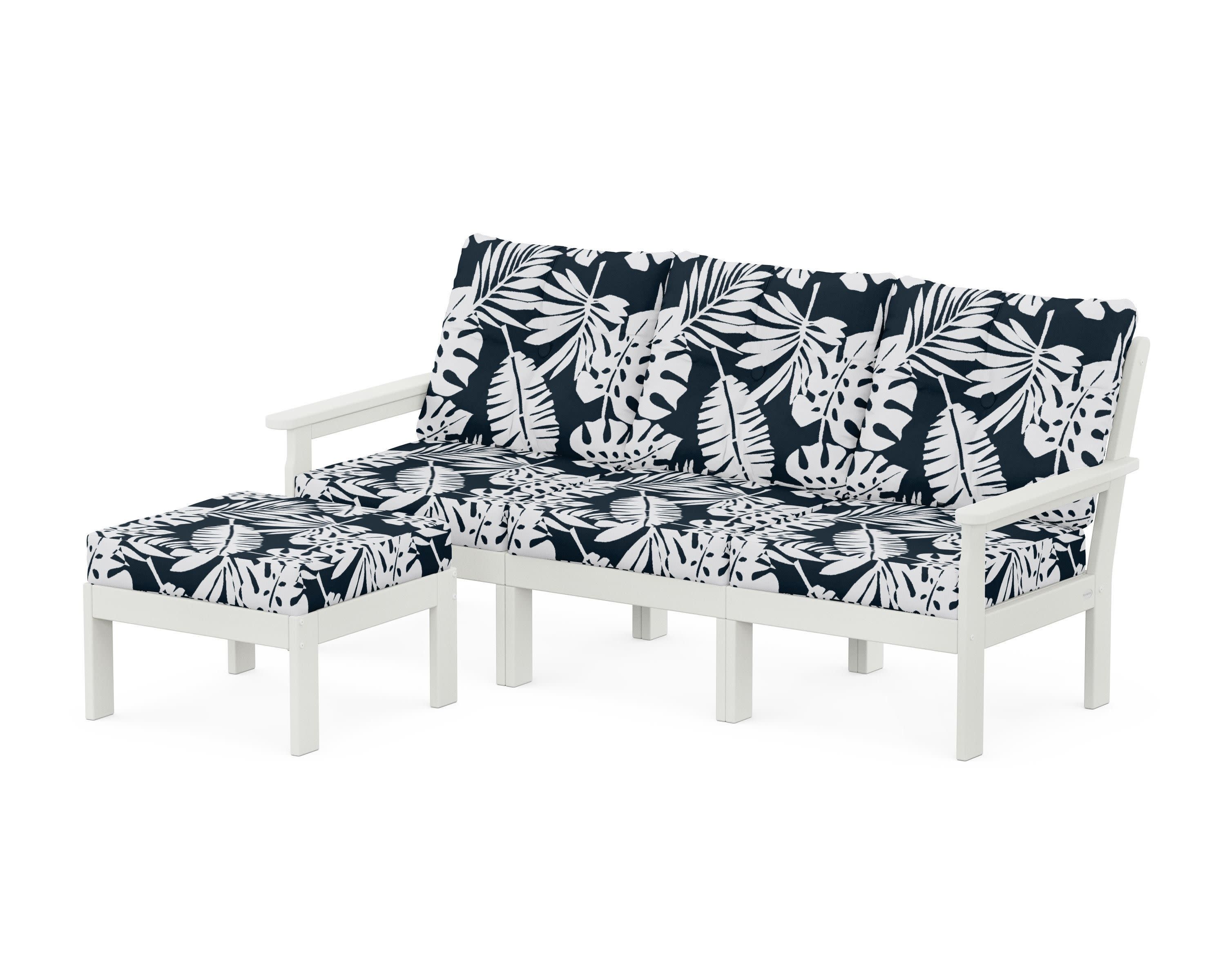 Vineyard 4-Piece Sectional with Ottoman in Vintage White / Leaf Marine Indigo