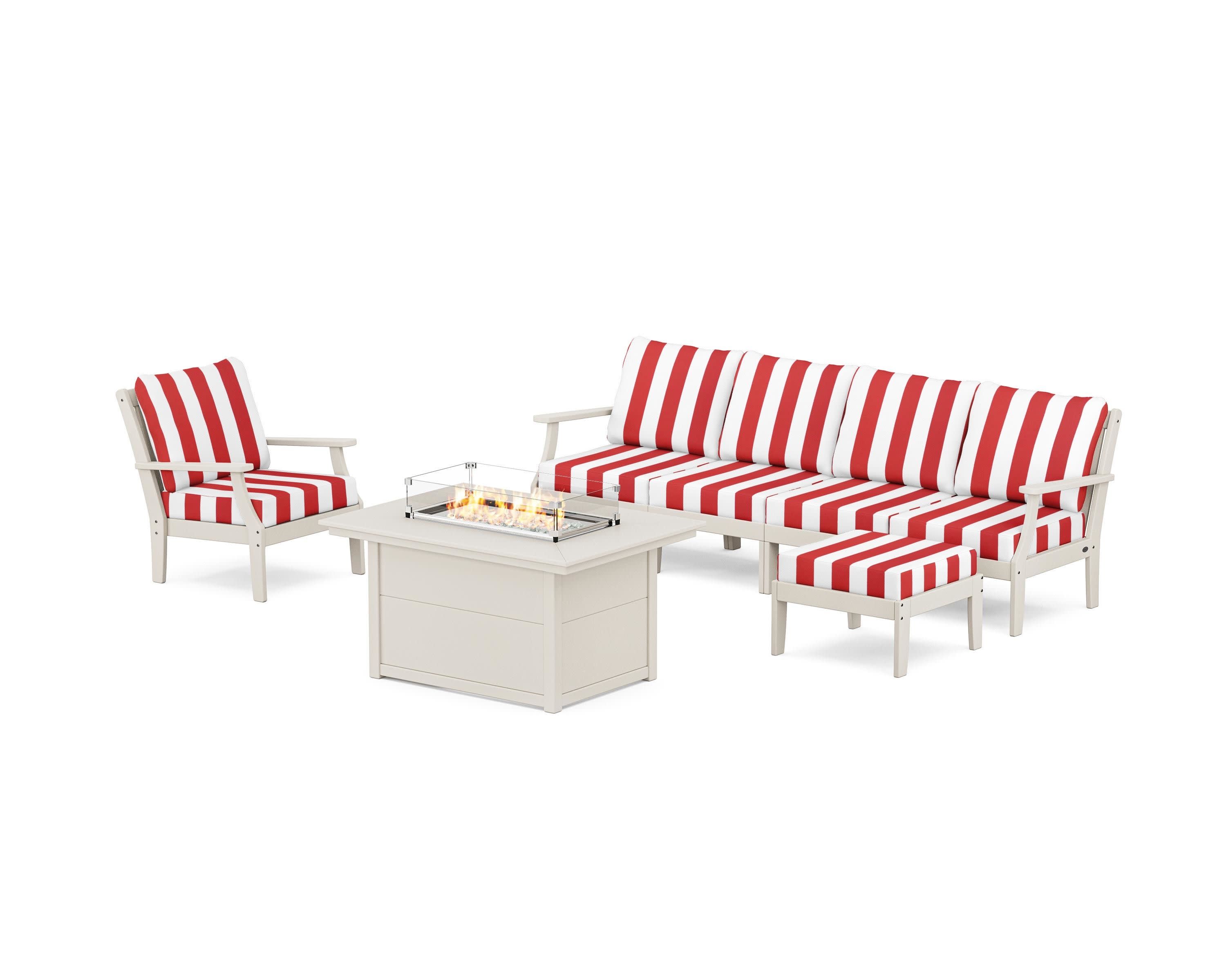 Braxton Sectional Lounge and Fire Pit Set in Sand / Cabana Stripe Crimson