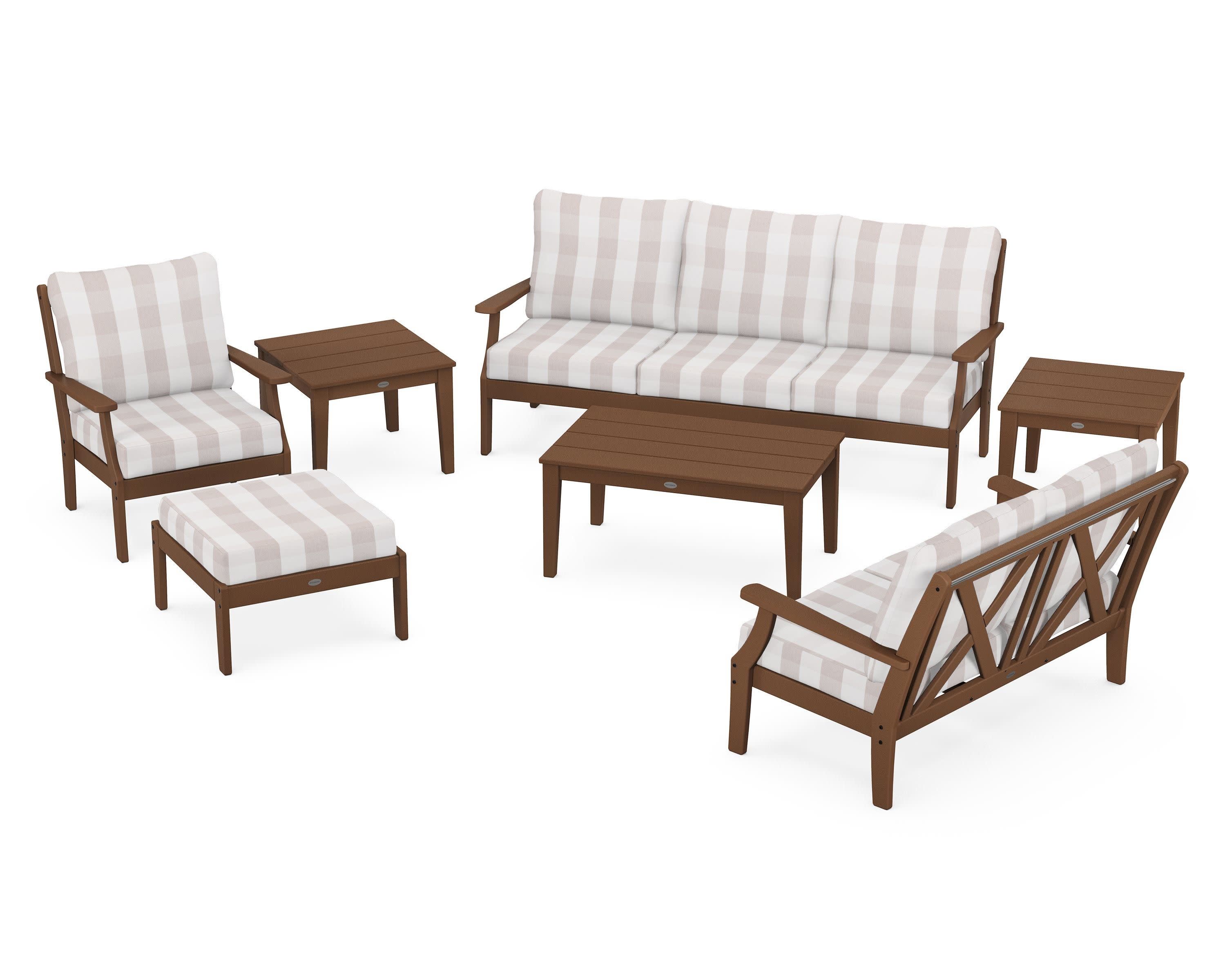 Braxton 7-Piece Deep Seating Set in Teak / Buffalo Plaid Dune Burlap