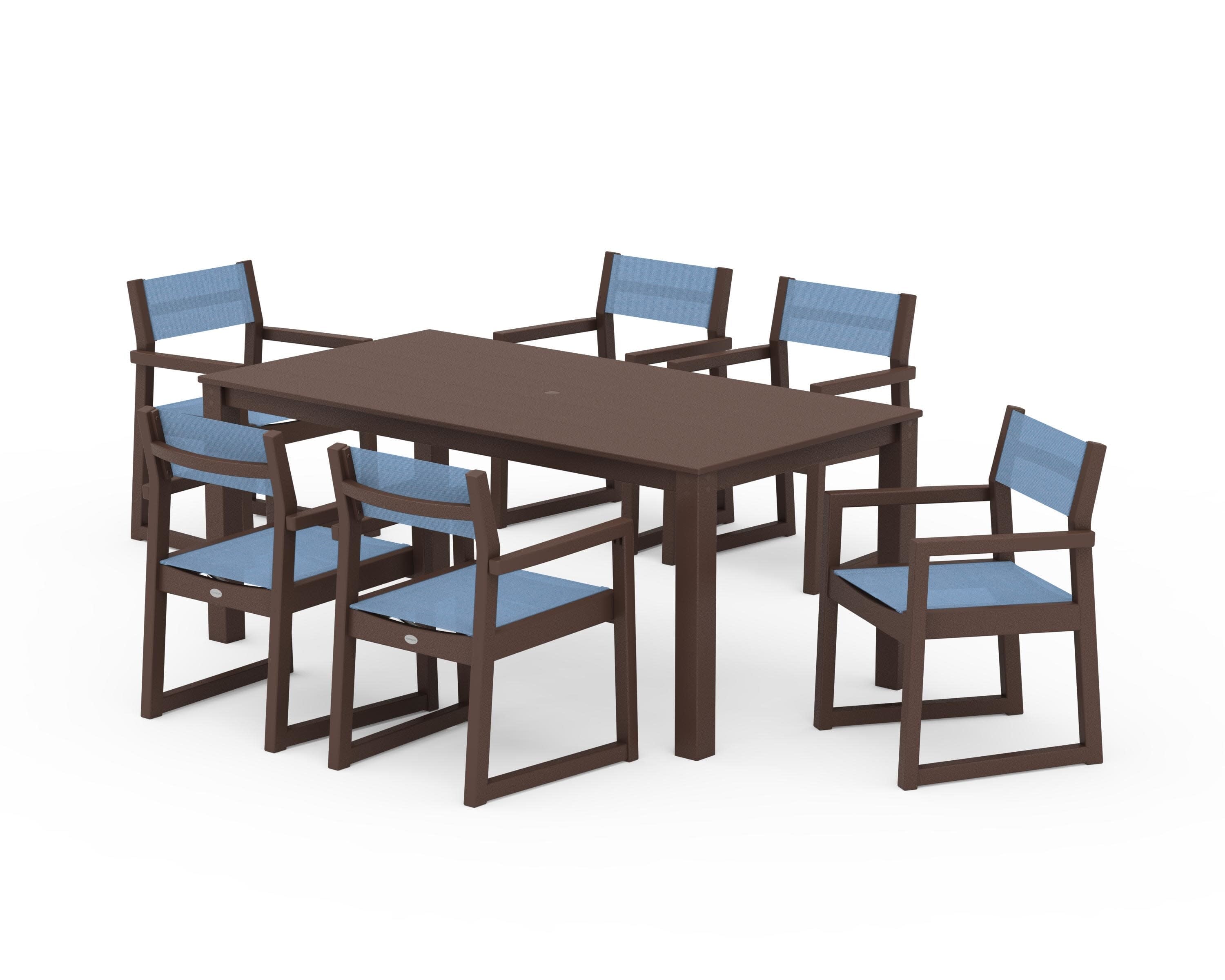 EDGE Sling Arm Chair 7-Piece Parsons Dining Set in Mahogany / Poolside Sling