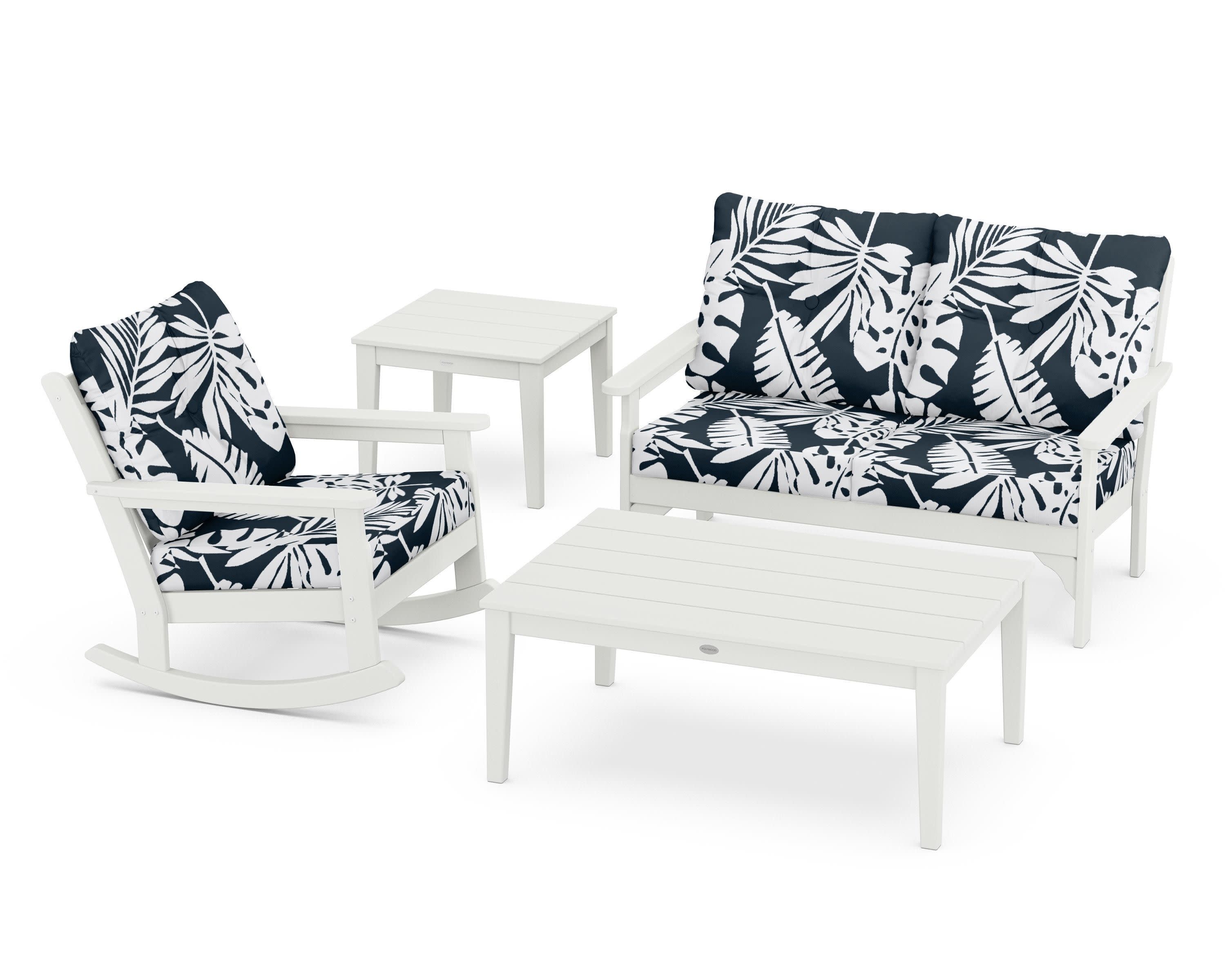 Vineyard 4-Piece Deep Seating Rocker Set in Vintage White / Leaf Marine Indigo