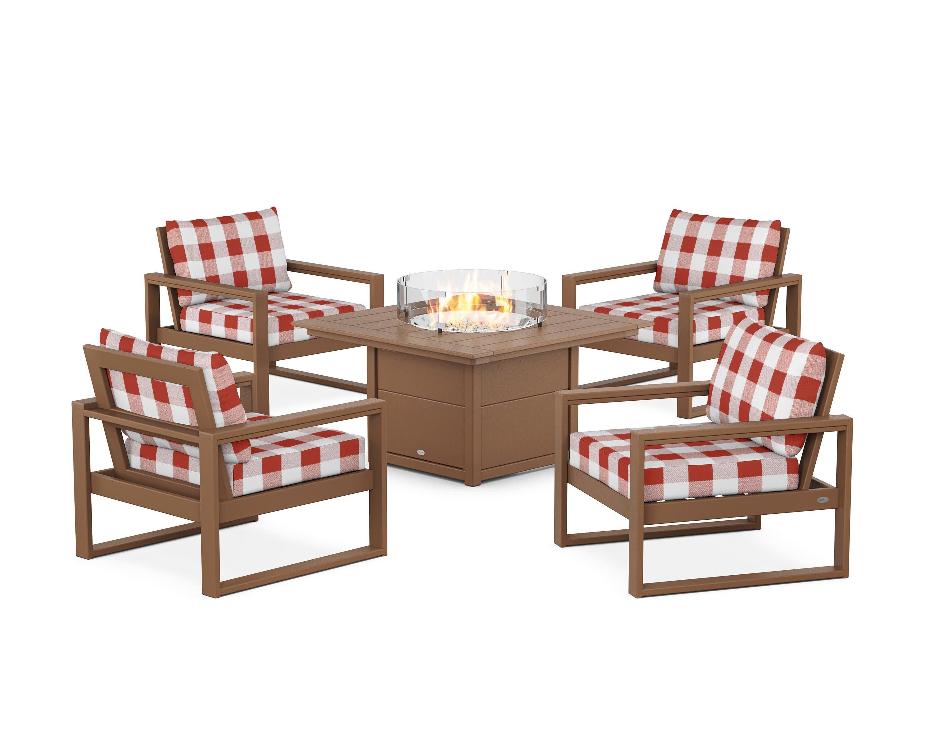 EDGE Sectional 5-Piece Deep Seating Set with Fire Pit Table in Teak / Buffalo Plaid Crimson