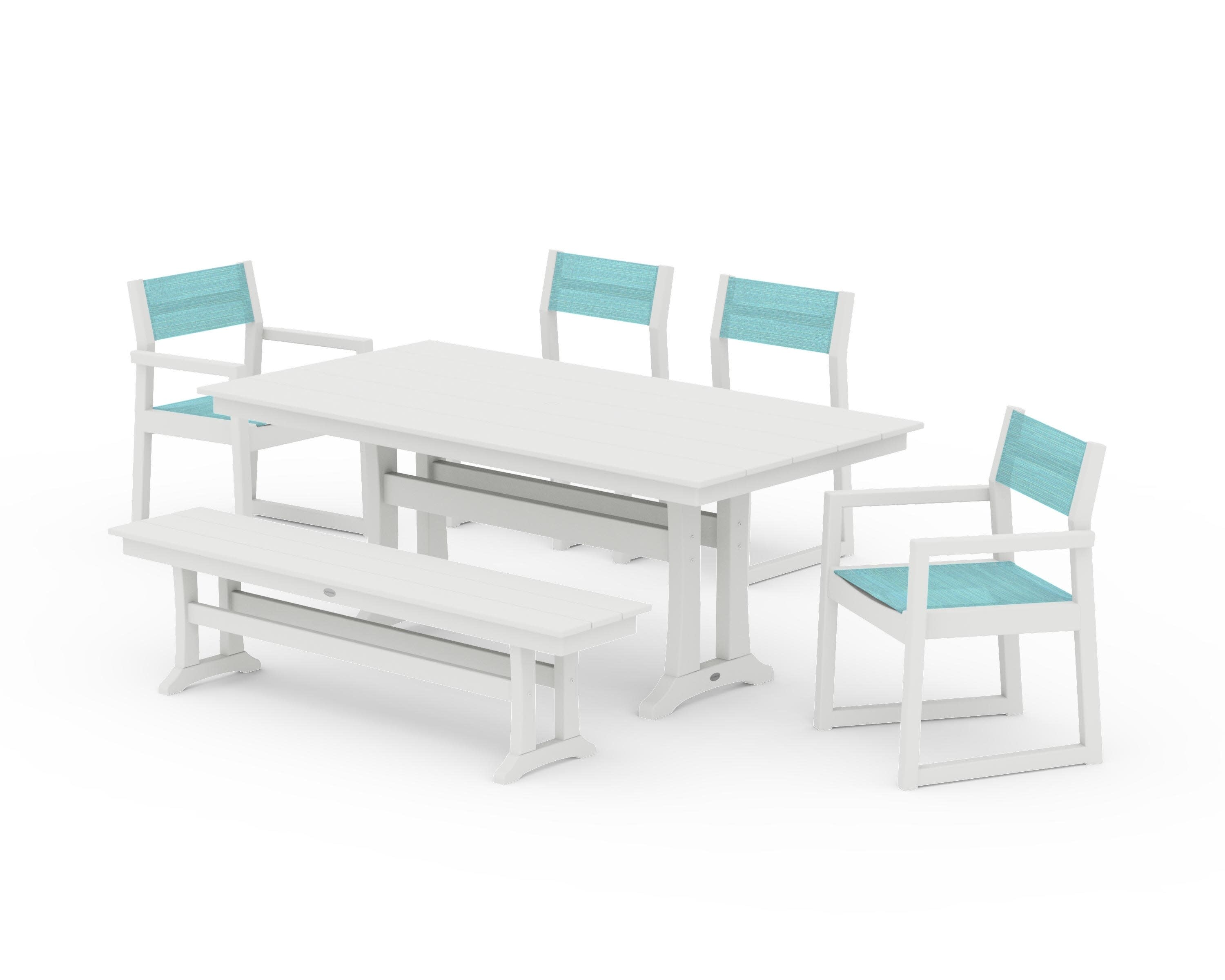 EDGE Sling 6-Piece Farmhouse Dining Set With Trestle Legs in Vintage White / Dupioni Aquamarine Sling