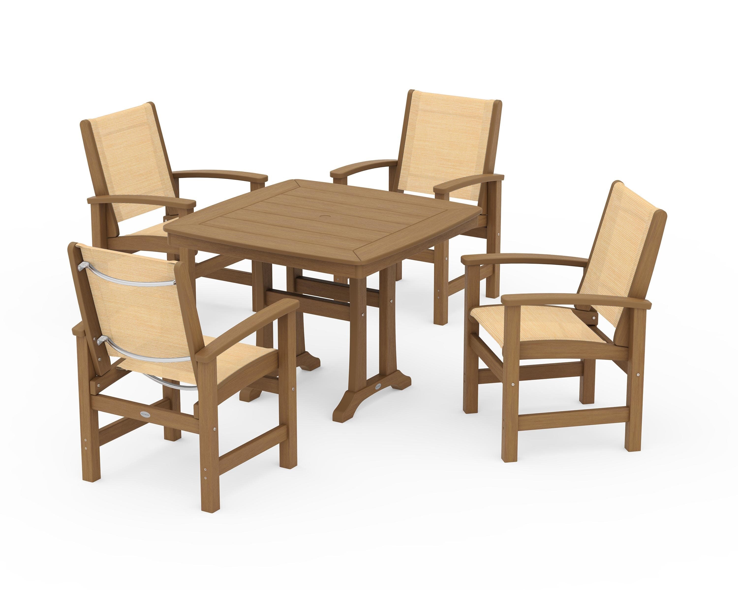 Coastal 5-Piece Dining Set with Trestle Legs in Natural / Dupioni Apricot Sling