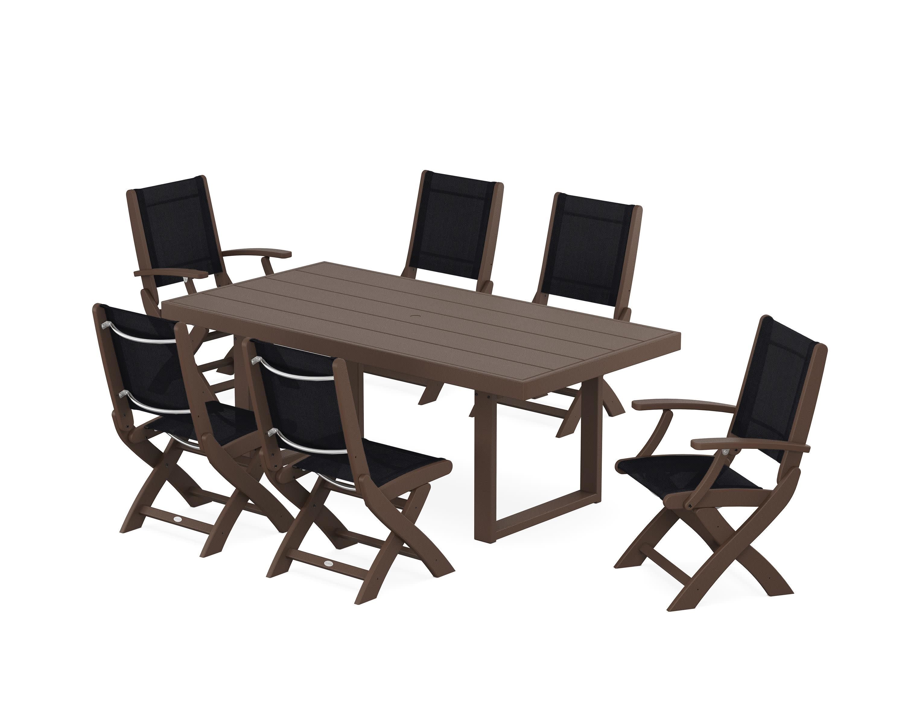 Coastal Folding Chair 7-Piece Dining Set with Trestle Legs in Mahogany / Black Sling