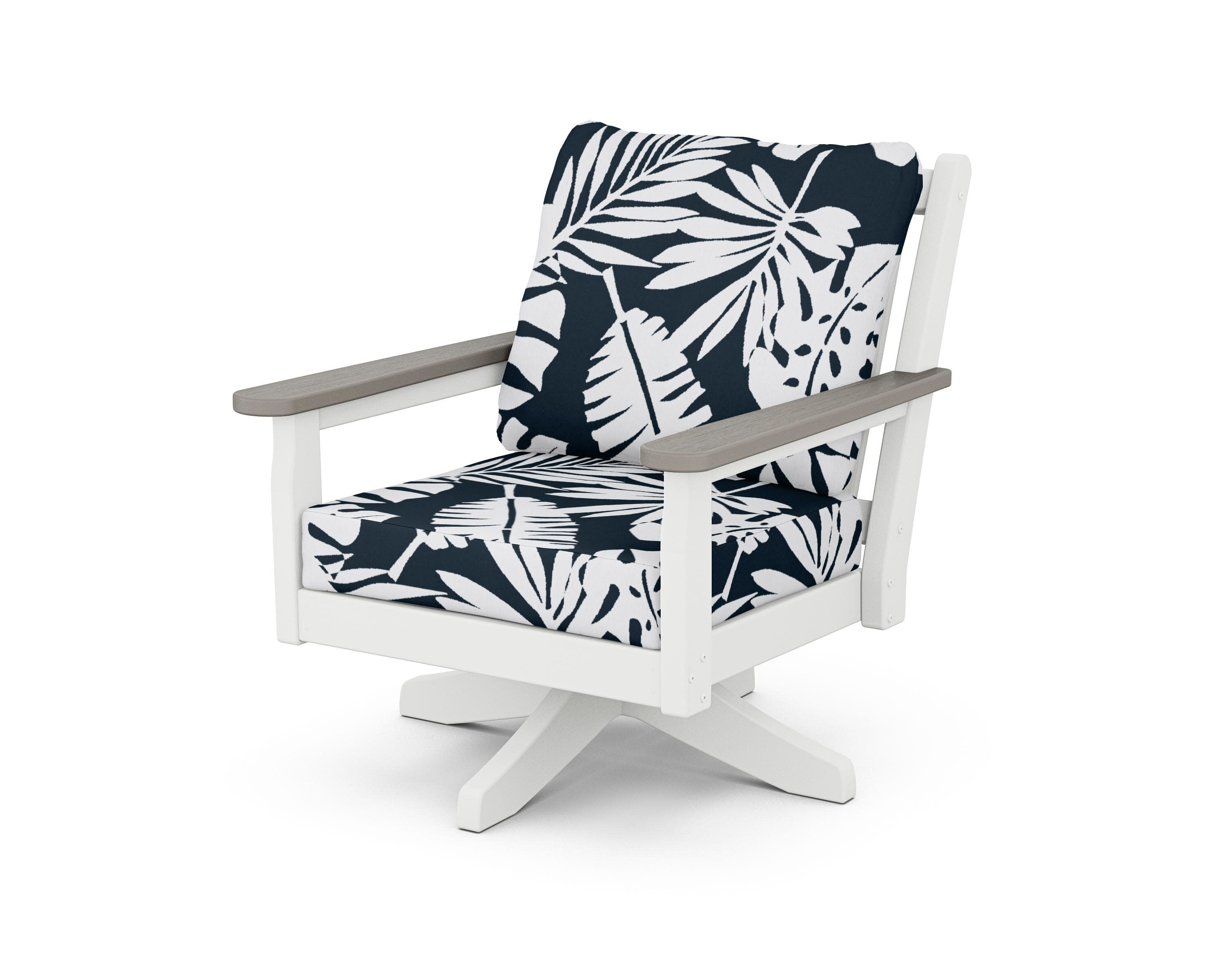 Chippendale Deep Seating Swivel Chair in White / Driftwood / Leaf Marine Indigo