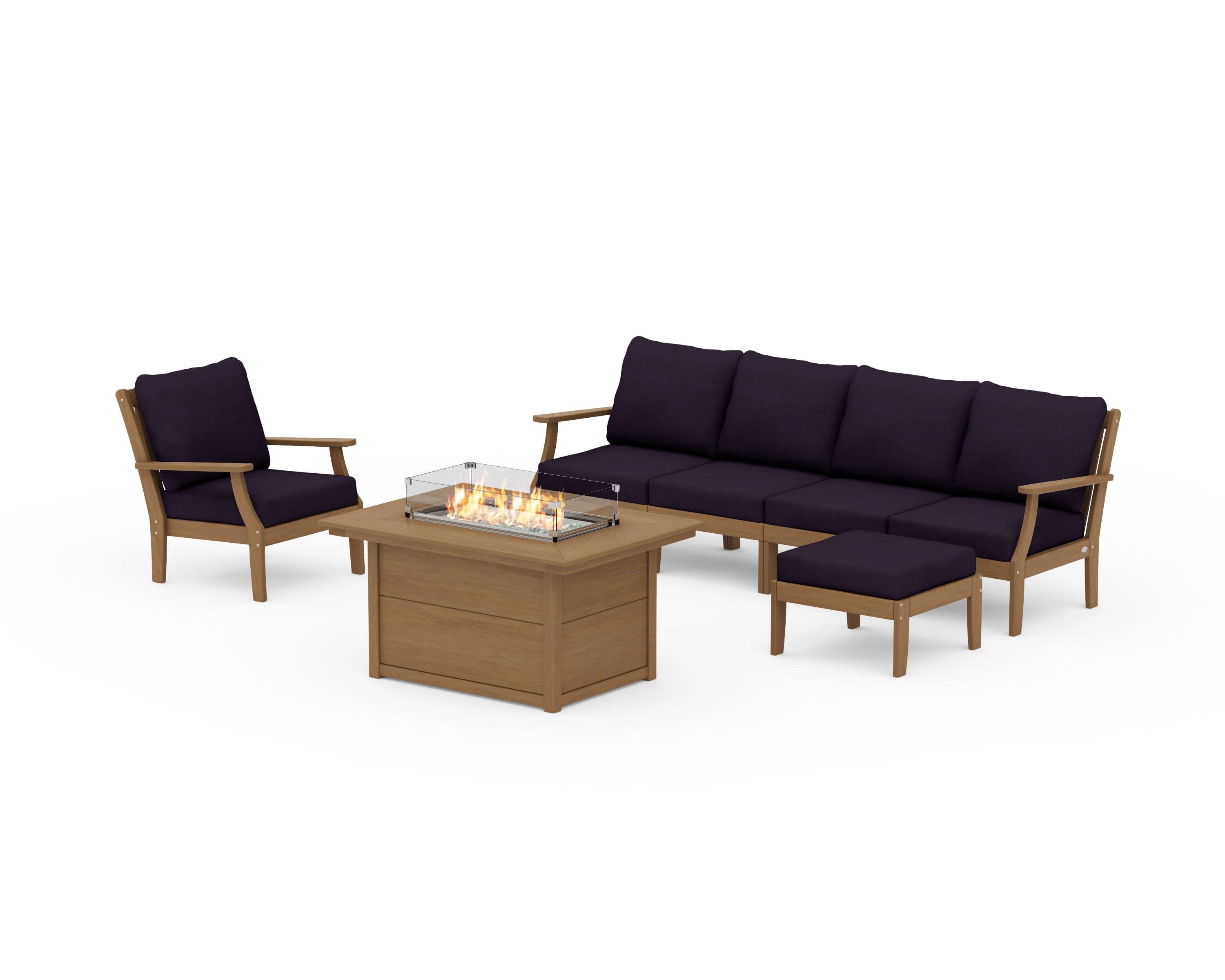 Braxton Sectional Lounge and Fire Pit Set in Natural / Navy Linen