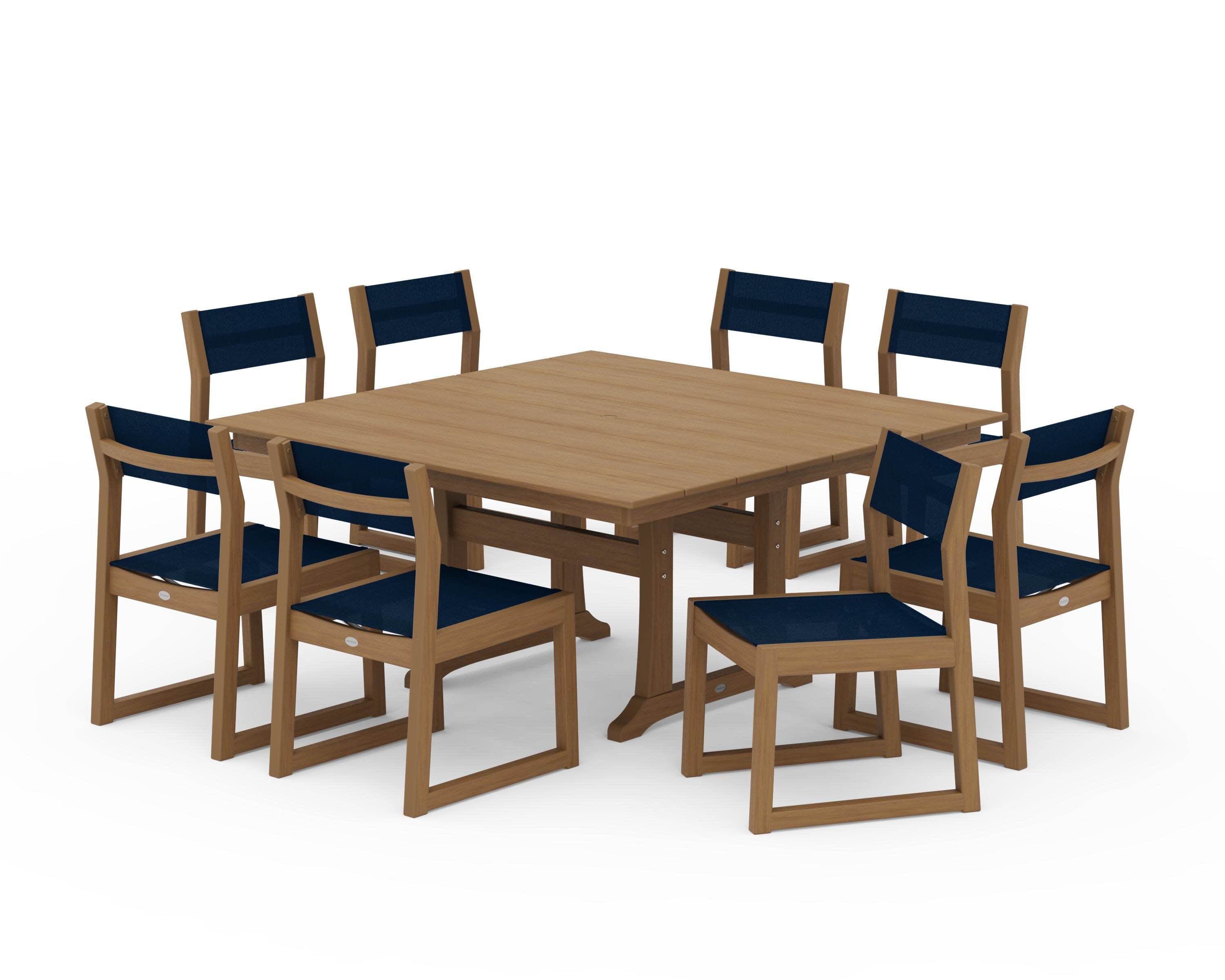 EDGE Sling Side Chair 9-Piece Farmhouse Trestle Dining Set in Natural / Navy Blue Sling